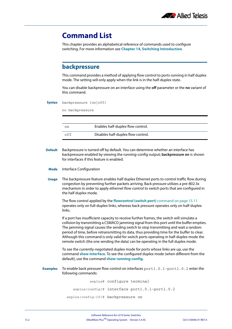 Command list, Backpressure, Command list backpressure | Allied Telesis AlliedWare Plus Operating System Version 5.4.4C (x310-26FT,x310-26FP,x310-50FT,x310-50FP) User Manual | Page 364 / 2220