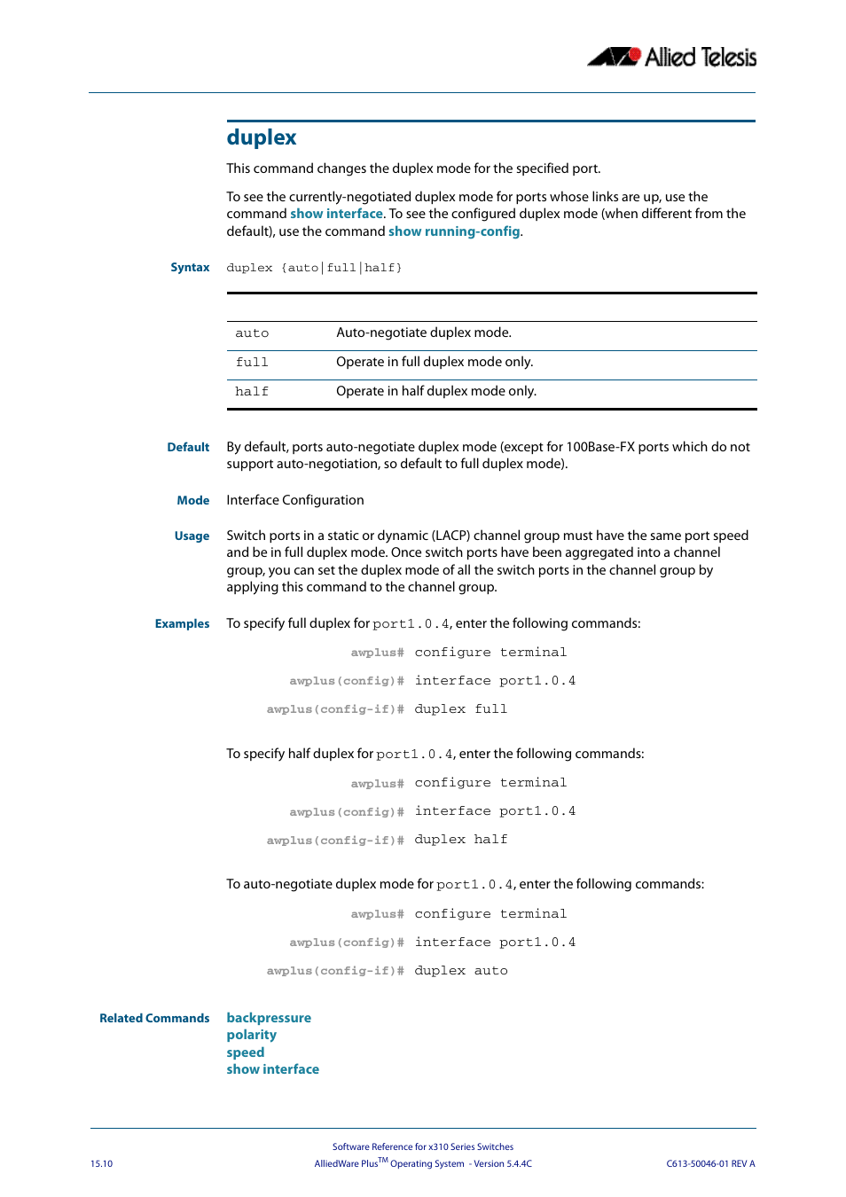 Duplex | Allied Telesis AlliedWare Plus Operating System Version 5.4.4C (x310-26FT,x310-26FP,x310-50FT,x310-50FP) User Manual | Page 372 / 2220