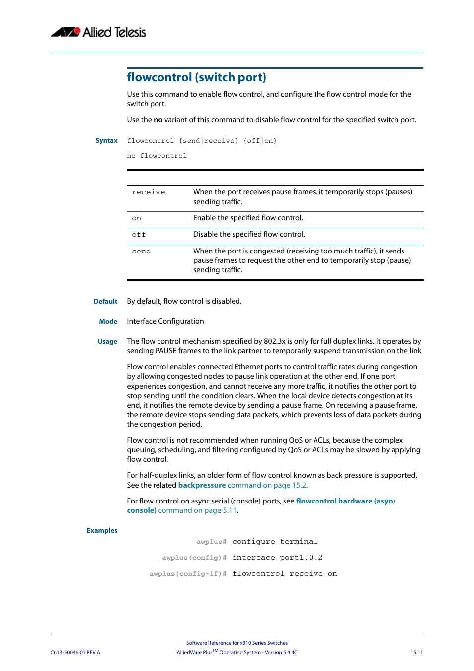 Flowcontrol (switch port) | Allied Telesis AlliedWare Plus Operating System Version 5.4.4C (x310-26FT,x310-26FP,x310-50FT,x310-50FP) User Manual | Page 373 / 2220