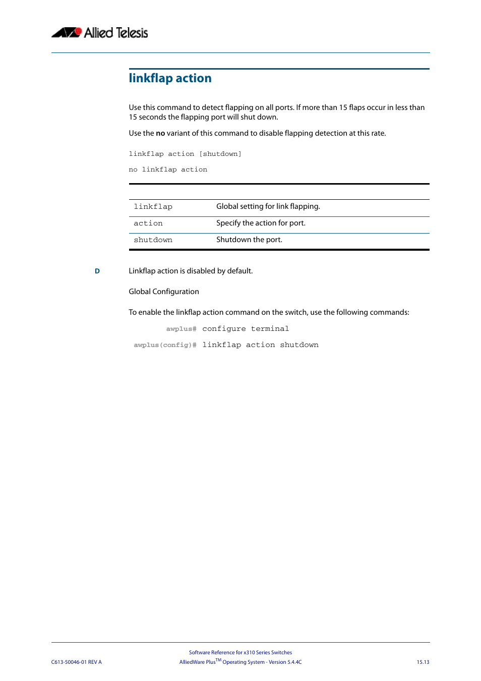 Linkflap action | Allied Telesis AlliedWare Plus Operating System Version 5.4.4C (x310-26FT,x310-26FP,x310-50FT,x310-50FP) User Manual | Page 375 / 2220