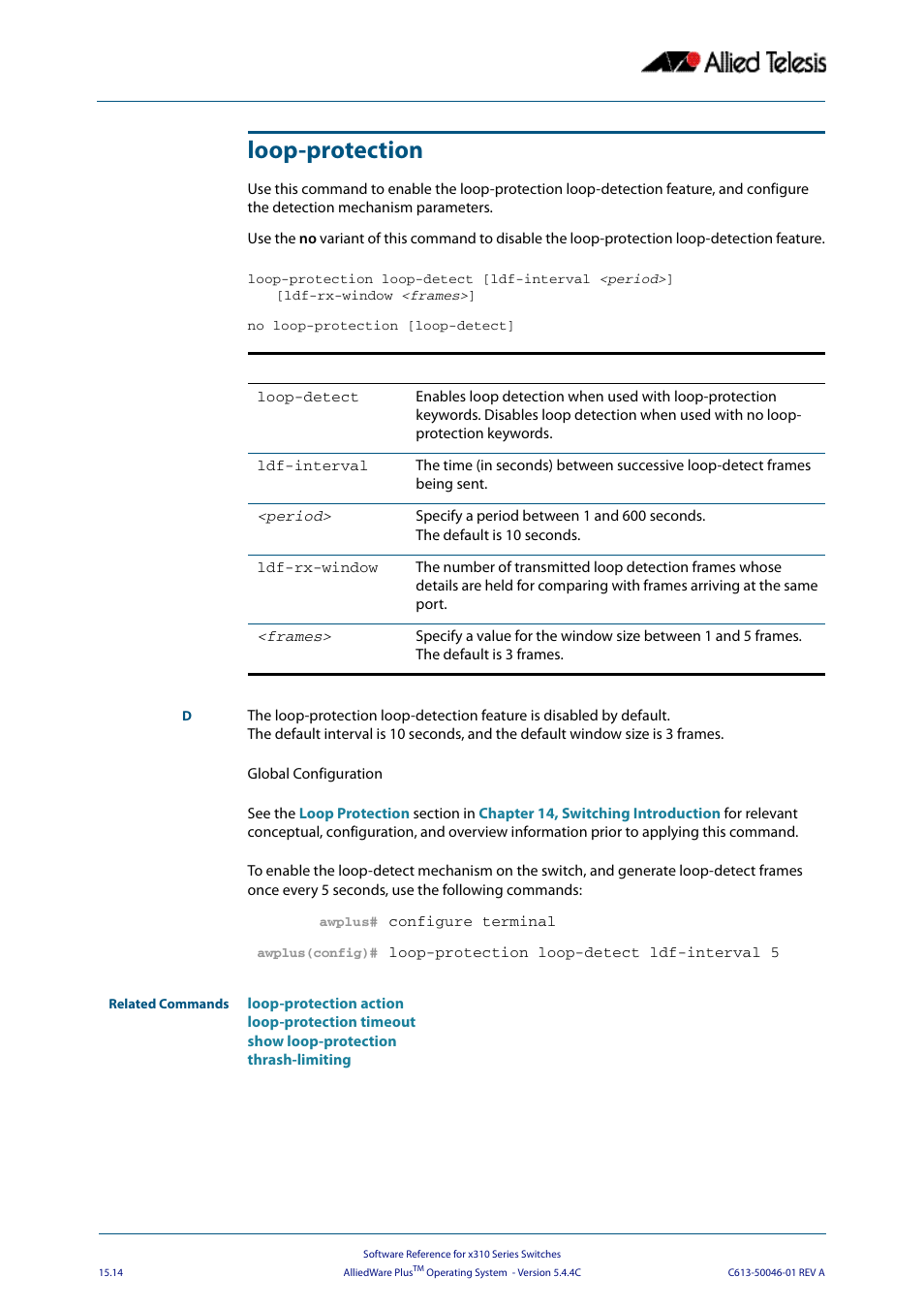 Loop-protection, Loop | Allied Telesis AlliedWare Plus Operating System Version 5.4.4C (x310-26FT,x310-26FP,x310-50FT,x310-50FP) User Manual | Page 376 / 2220