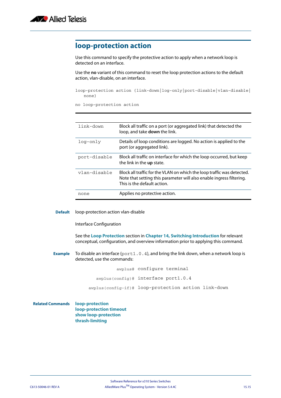 Loop-protection action | Allied Telesis AlliedWare Plus Operating System Version 5.4.4C (x310-26FT,x310-26FP,x310-50FT,x310-50FP) User Manual | Page 377 / 2220