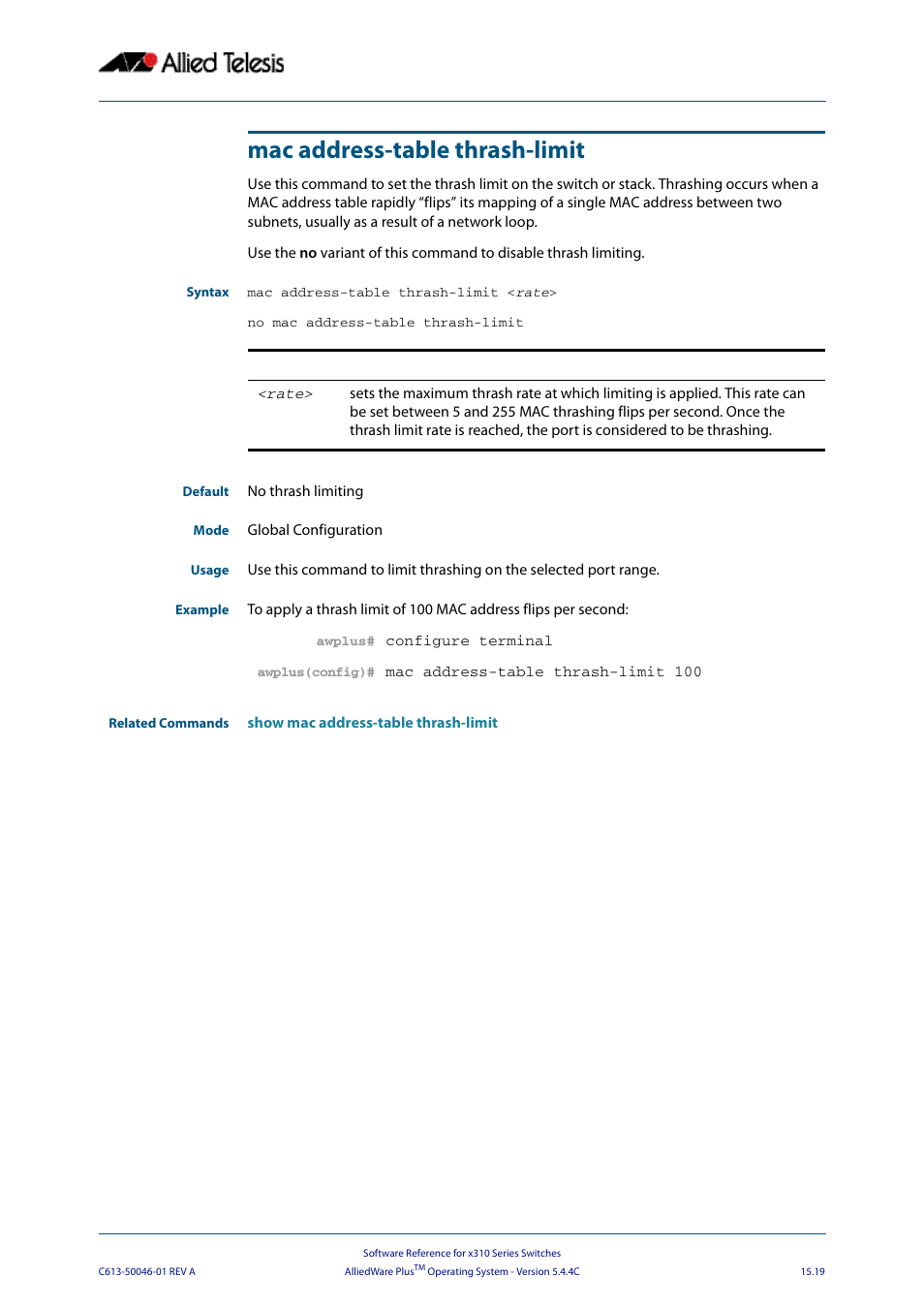 Mac address-table thrash-limit | Allied Telesis AlliedWare Plus Operating System Version 5.4.4C (x310-26FT,x310-26FP,x310-50FT,x310-50FP) User Manual | Page 381 / 2220