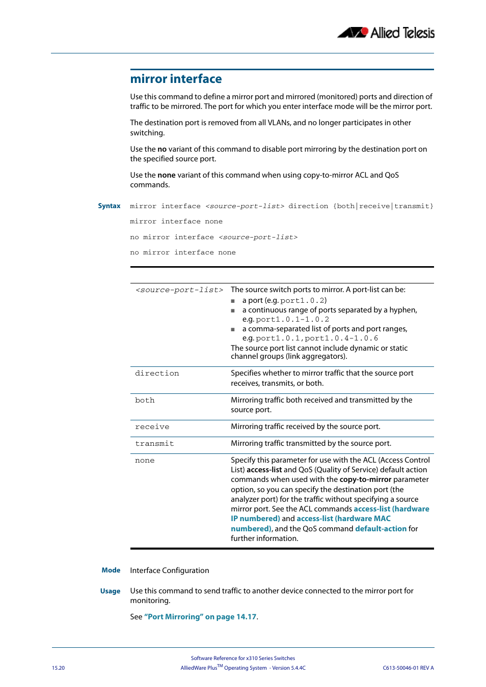 Mirror interface | Allied Telesis AlliedWare Plus Operating System Version 5.4.4C (x310-26FT,x310-26FP,x310-50FT,x310-50FP) User Manual | Page 382 / 2220