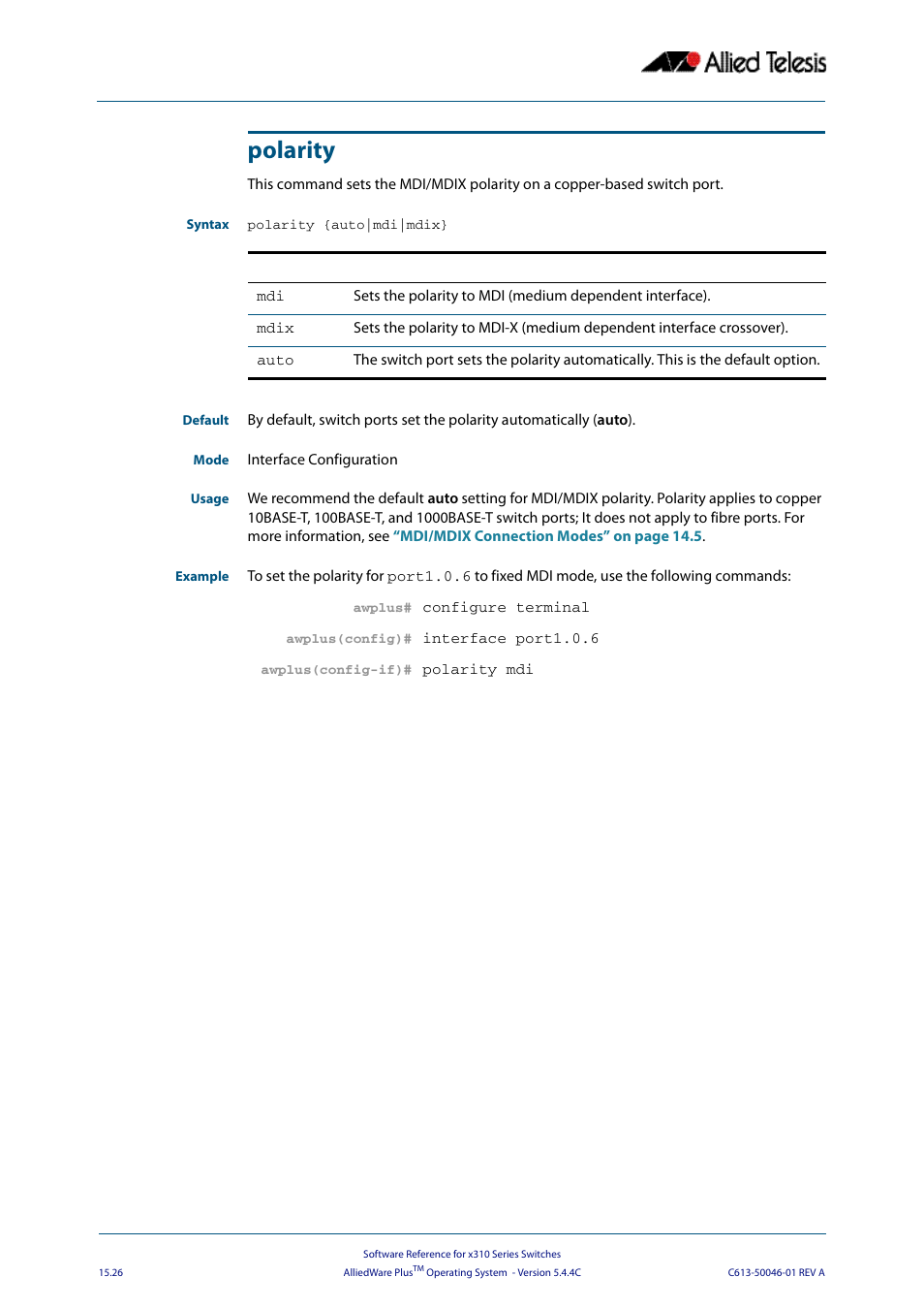 Polarity | Allied Telesis AlliedWare Plus Operating System Version 5.4.4C (x310-26FT,x310-26FP,x310-50FT,x310-50FP) User Manual | Page 388 / 2220