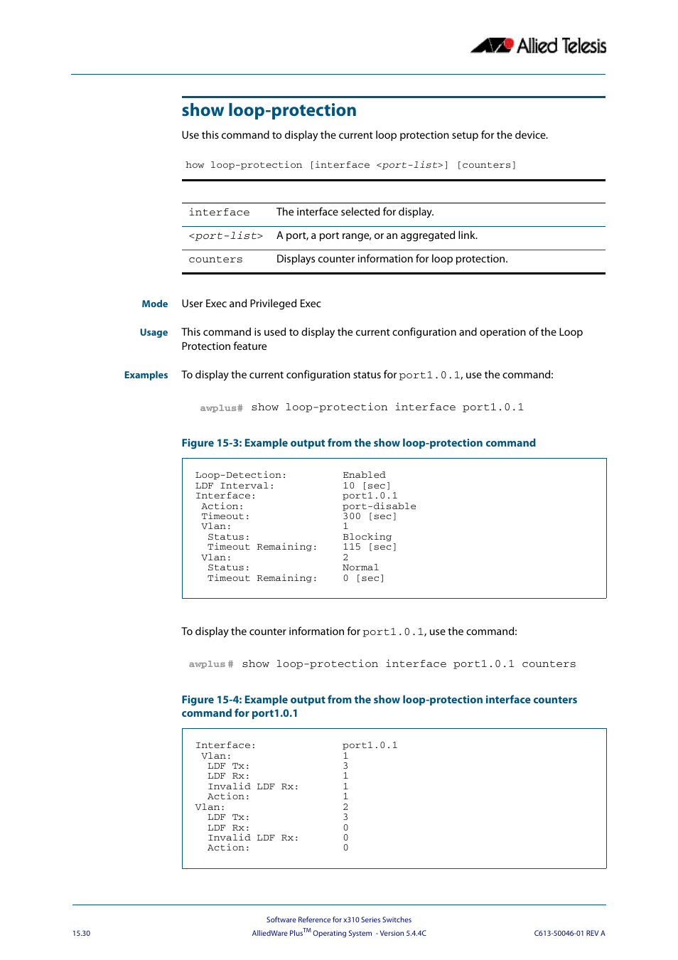 Show loop-protection | Allied Telesis AlliedWare Plus Operating System Version 5.4.4C (x310-26FT,x310-26FP,x310-50FT,x310-50FP) User Manual | Page 392 / 2220