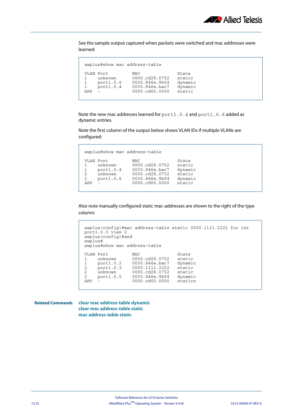 Allied Telesis AlliedWare Plus Operating System Version 5.4.4C (x310-26FT,x310-26FP,x310-50FT,x310-50FP) User Manual | Page 394 / 2220