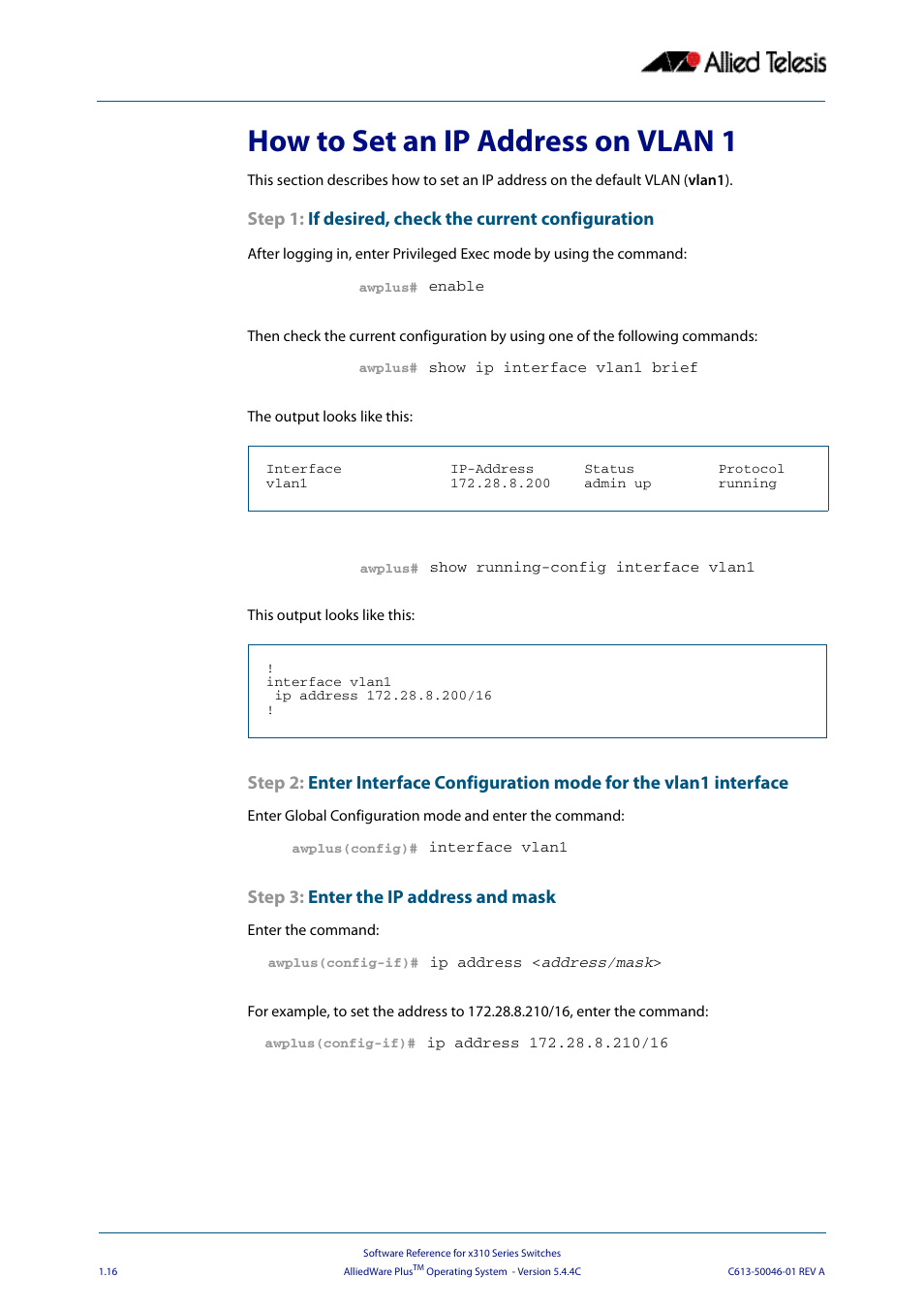 How to set an ip address on vlan 1 | Allied Telesis AlliedWare Plus Operating System Version 5.4.4C (x310-26FT,x310-26FP,x310-50FT,x310-50FP) User Manual | Page 40 / 2220