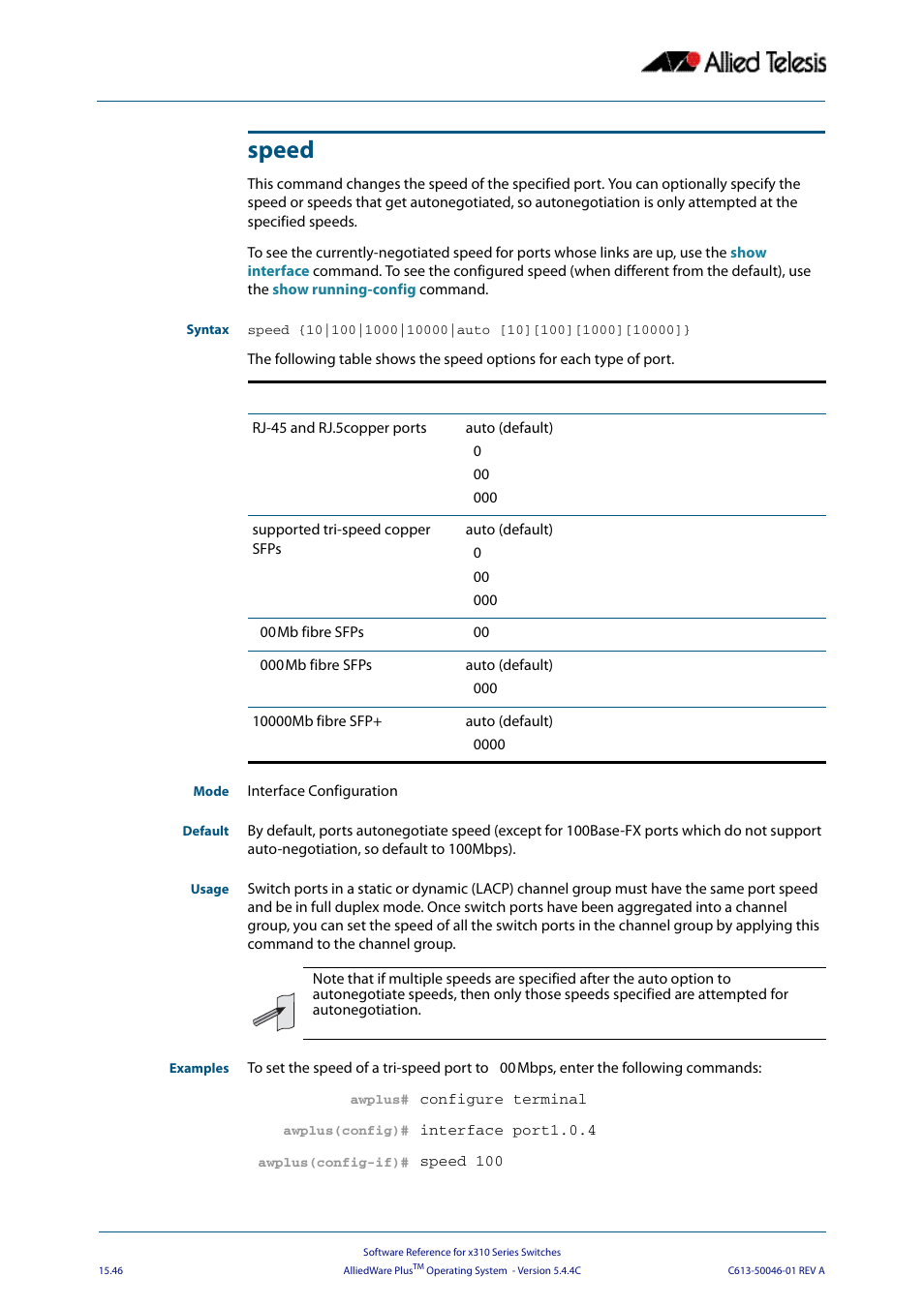 Speed | Allied Telesis AlliedWare Plus Operating System Version 5.4.4C (x310-26FT,x310-26FP,x310-50FT,x310-50FP) User Manual | Page 408 / 2220