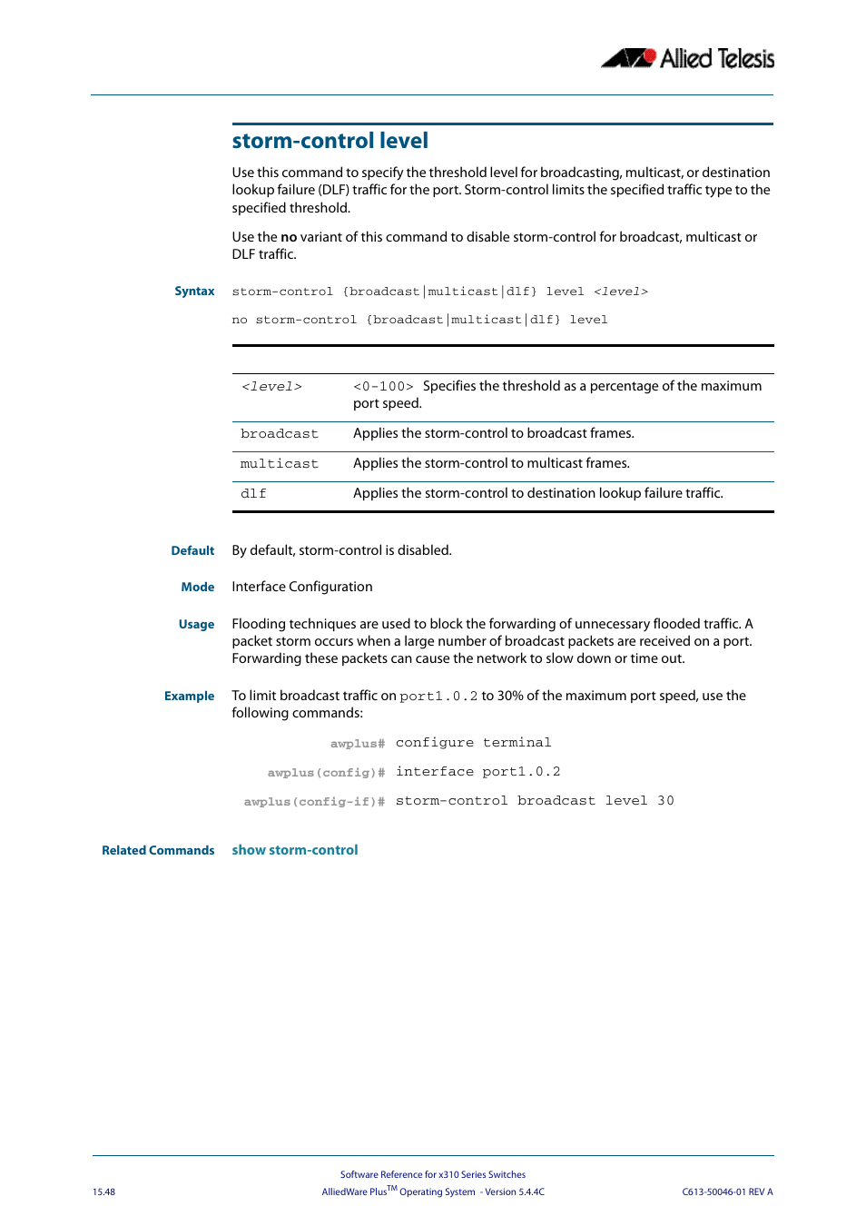 Storm-control level | Allied Telesis AlliedWare Plus Operating System Version 5.4.4C (x310-26FT,x310-26FP,x310-50FT,x310-50FP) User Manual | Page 410 / 2220