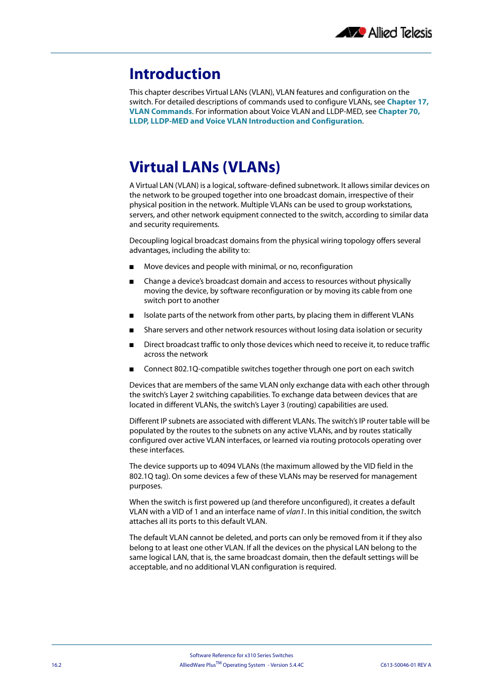 Introduction, Virtual lans (vlans), Introduction virtual lans (vlans) | Allied Telesis AlliedWare Plus Operating System Version 5.4.4C (x310-26FT,x310-26FP,x310-50FT,x310-50FP) User Manual | Page 414 / 2220