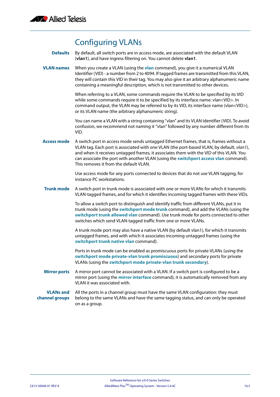 Configuring vlans | Allied Telesis AlliedWare Plus Operating System Version 5.4.4C (x310-26FT,x310-26FP,x310-50FT,x310-50FP) User Manual | Page 415 / 2220