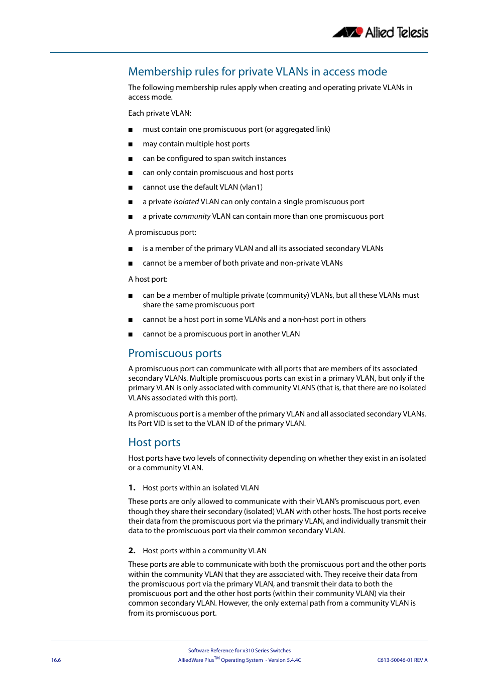Membership rules for private vlans in access mode, Promiscuous ports, Host ports | Allied Telesis AlliedWare Plus Operating System Version 5.4.4C (x310-26FT,x310-26FP,x310-50FT,x310-50FP) User Manual | Page 418 / 2220