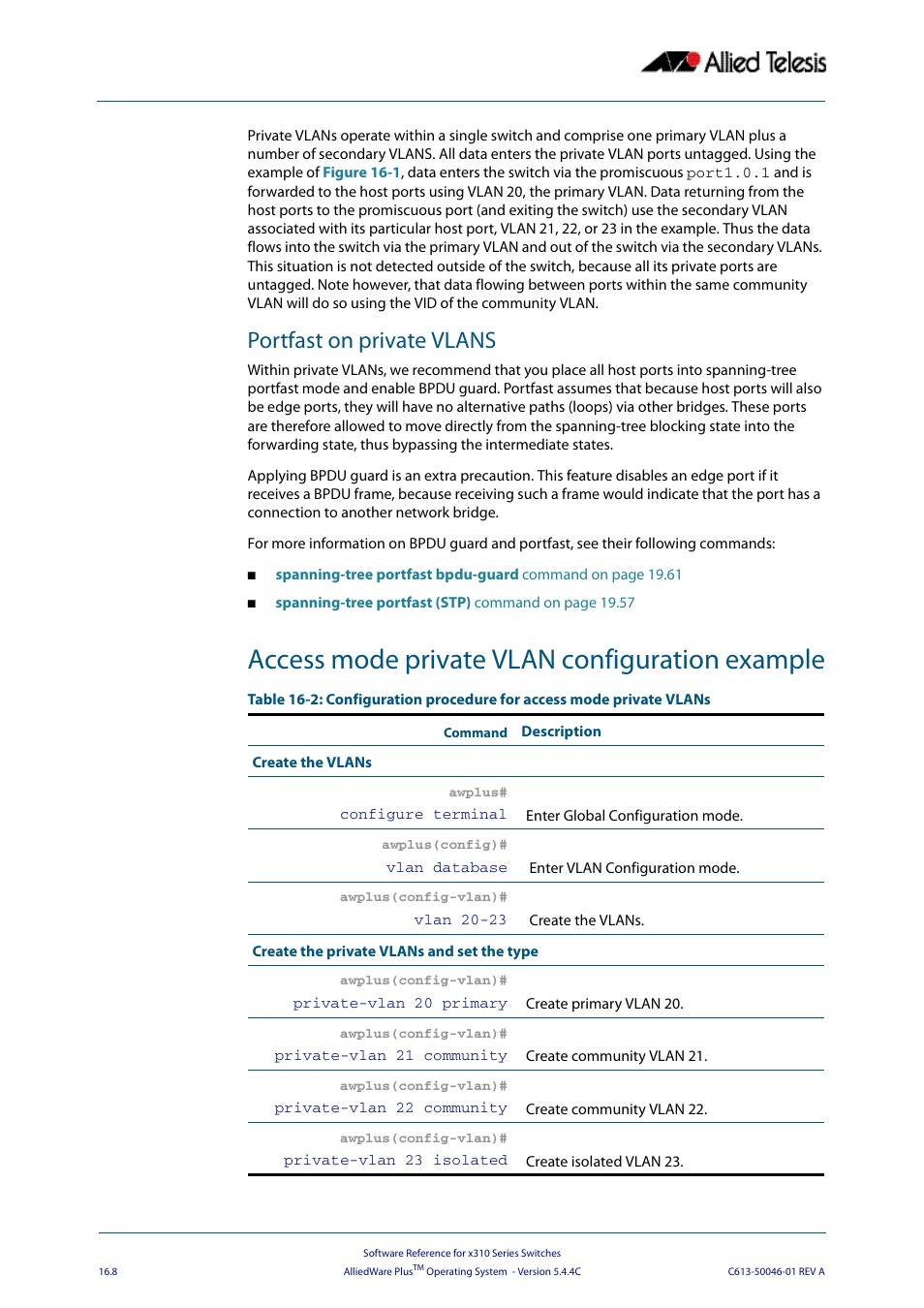 Portfast on private vlans, Access mode private vlan configuration example | Allied Telesis AlliedWare Plus Operating System Version 5.4.4C (x310-26FT,x310-26FP,x310-50FT,x310-50FP) User Manual | Page 420 / 2220