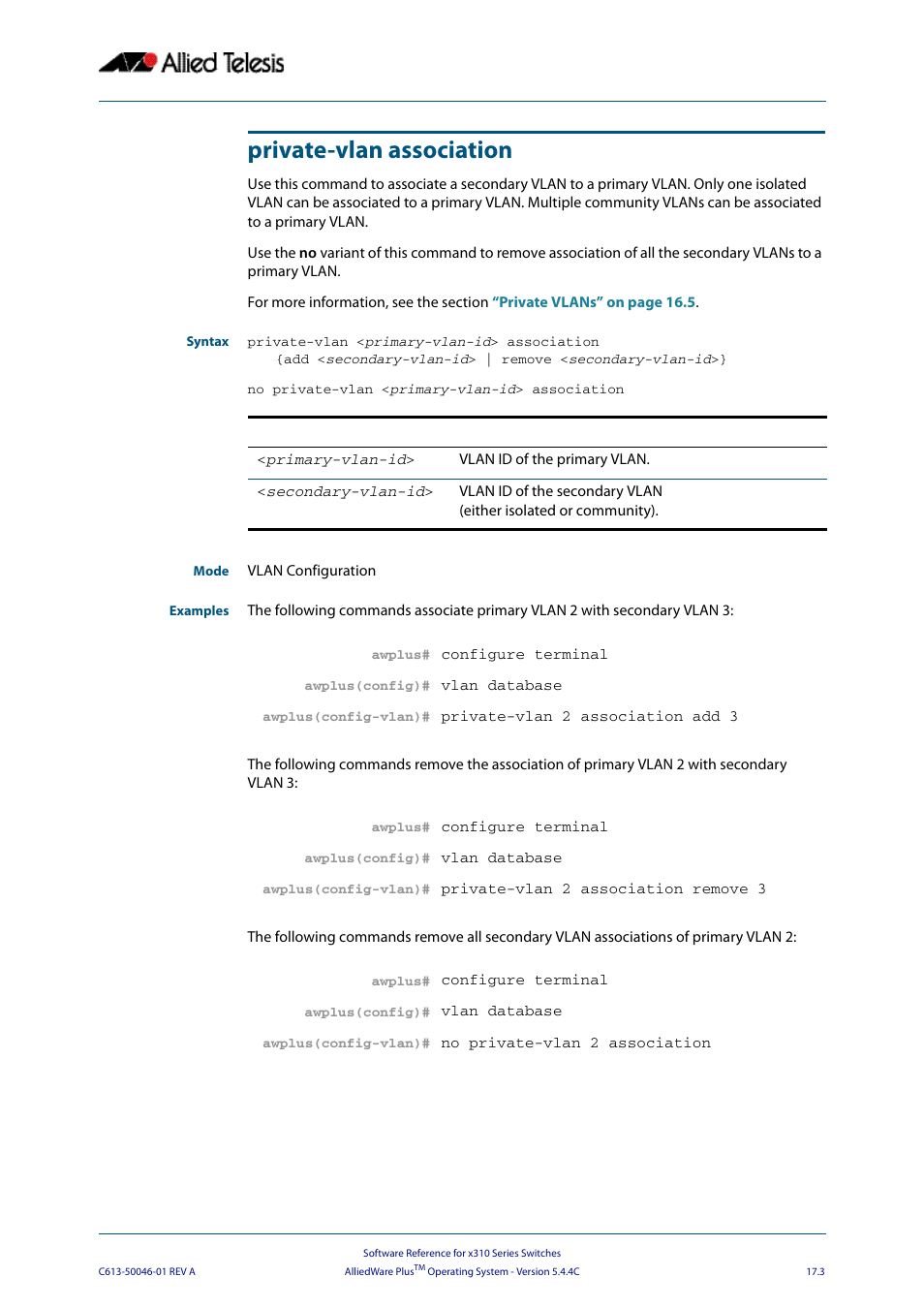 Private-vlan association | Allied Telesis AlliedWare Plus Operating System Version 5.4.4C (x310-26FT,x310-26FP,x310-50FT,x310-50FP) User Manual | Page 431 / 2220