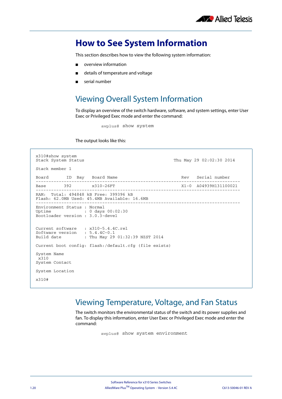 How to see system information, Viewing overall system information, Viewing temperature, voltage, and fan status | Allied Telesis AlliedWare Plus Operating System Version 5.4.4C (x310-26FT,x310-26FP,x310-50FT,x310-50FP) User Manual | Page 44 / 2220