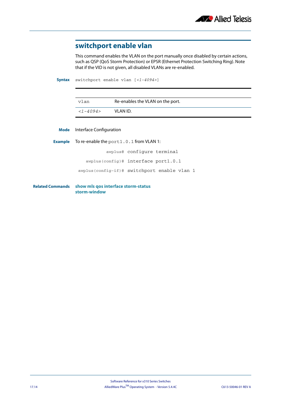 Switchport enable vlan | Allied Telesis AlliedWare Plus Operating System Version 5.4.4C (x310-26FT,x310-26FP,x310-50FT,x310-50FP) User Manual | Page 442 / 2220
