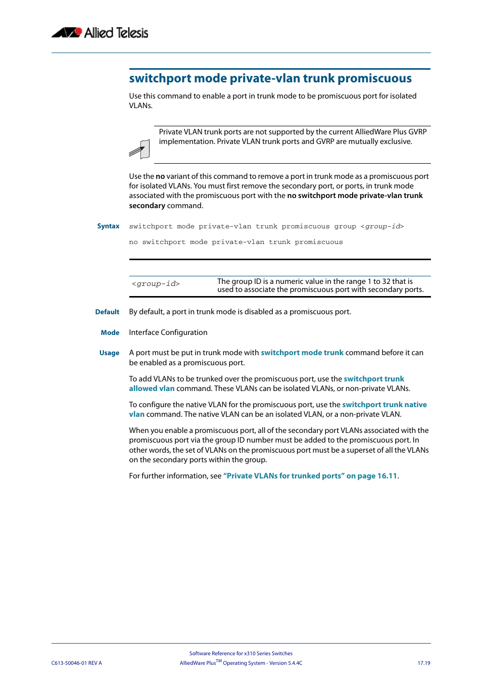 Switchport mode private-vlan trunk promiscuous, Switchport mode, Private-vlan trunk promiscuous | Allied Telesis AlliedWare Plus Operating System Version 5.4.4C (x310-26FT,x310-26FP,x310-50FT,x310-50FP) User Manual | Page 447 / 2220