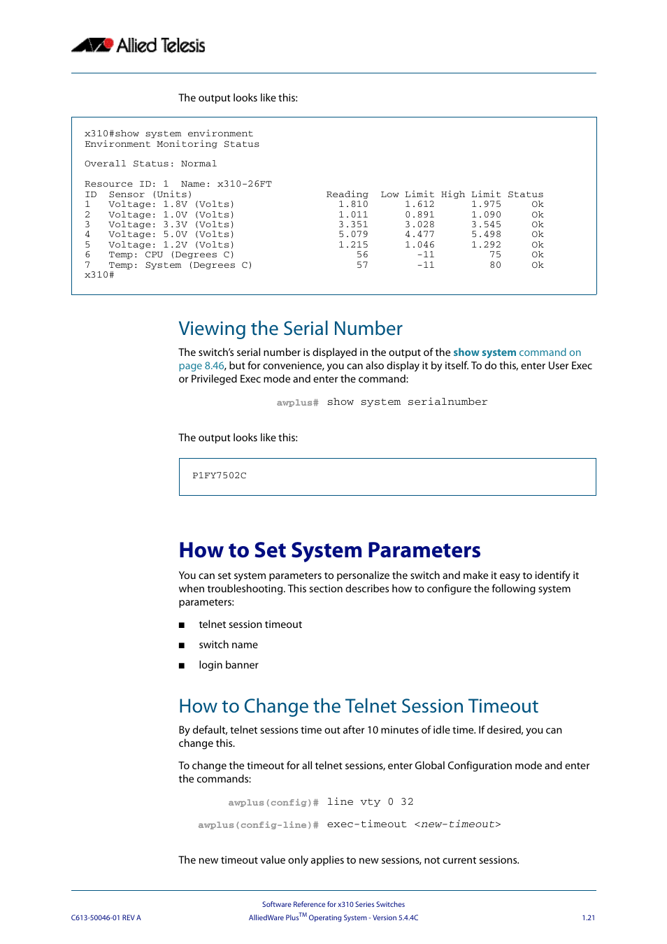 Viewing the serial number, How to set system parameters, How to change the telnet session timeout | Allied Telesis AlliedWare Plus Operating System Version 5.4.4C (x310-26FT,x310-26FP,x310-50FT,x310-50FP) User Manual | Page 45 / 2220