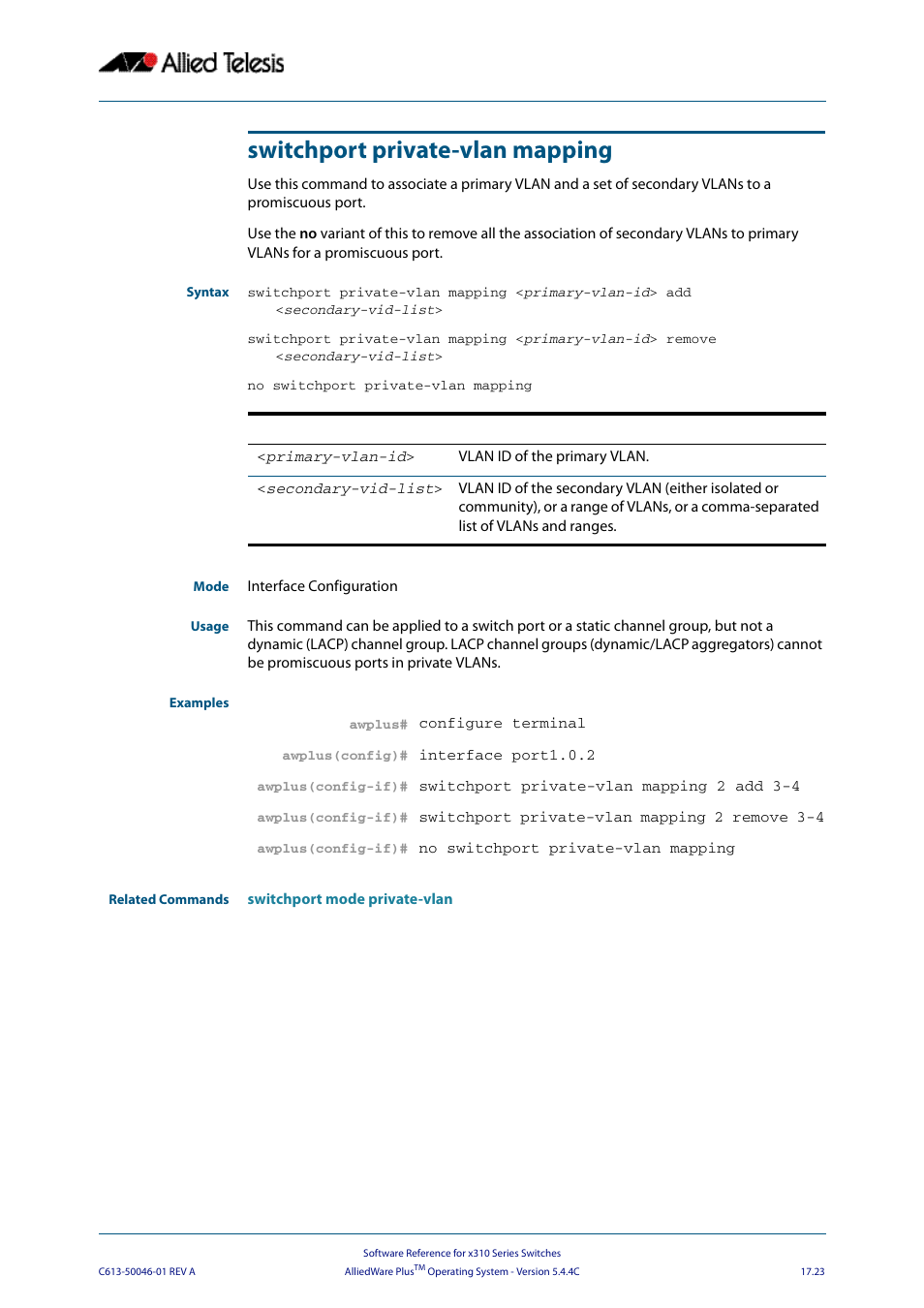 Switchport private-vlan mapping | Allied Telesis AlliedWare Plus Operating System Version 5.4.4C (x310-26FT,x310-26FP,x310-50FT,x310-50FP) User Manual | Page 451 / 2220
