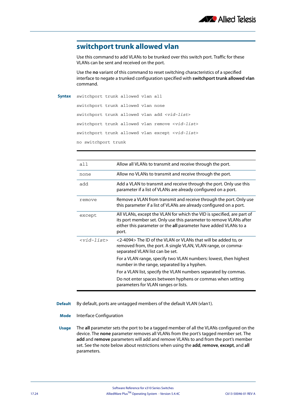 Switchport trunk allowed vlan, Switchport trunk allowed vlan all, Switchport trunk allowed vlan add | Vid-list, Switchport trunk allowed, Vlan, Switchport trunk, Allowed vlan | Allied Telesis AlliedWare Plus Operating System Version 5.4.4C (x310-26FT,x310-26FP,x310-50FT,x310-50FP) User Manual | Page 452 / 2220