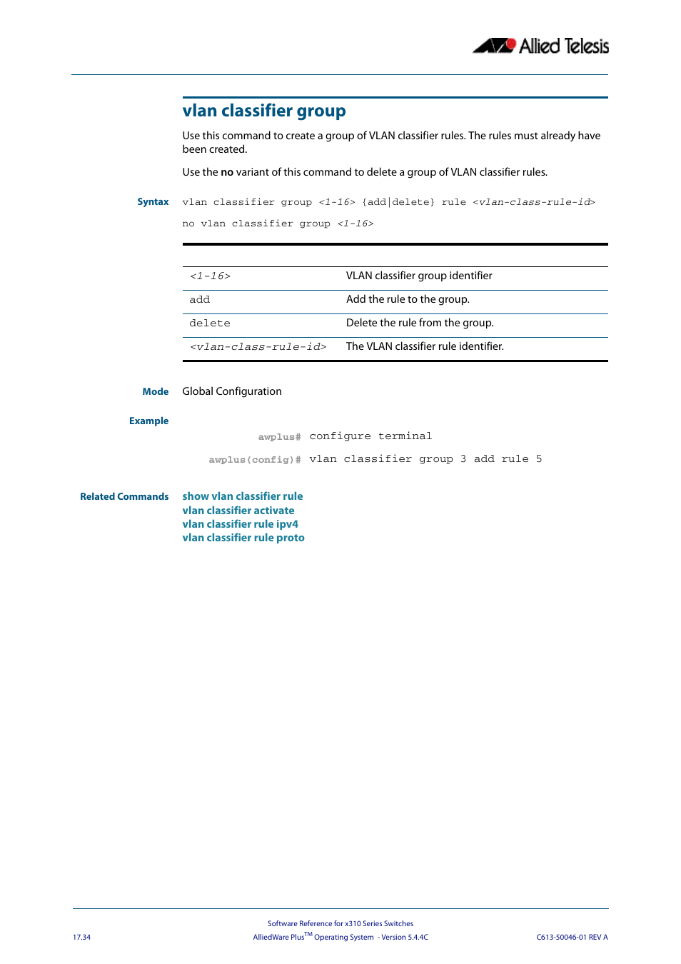 Vlan classifier group | Allied Telesis AlliedWare Plus Operating System Version 5.4.4C (x310-26FT,x310-26FP,x310-50FT,x310-50FP) User Manual | Page 462 / 2220