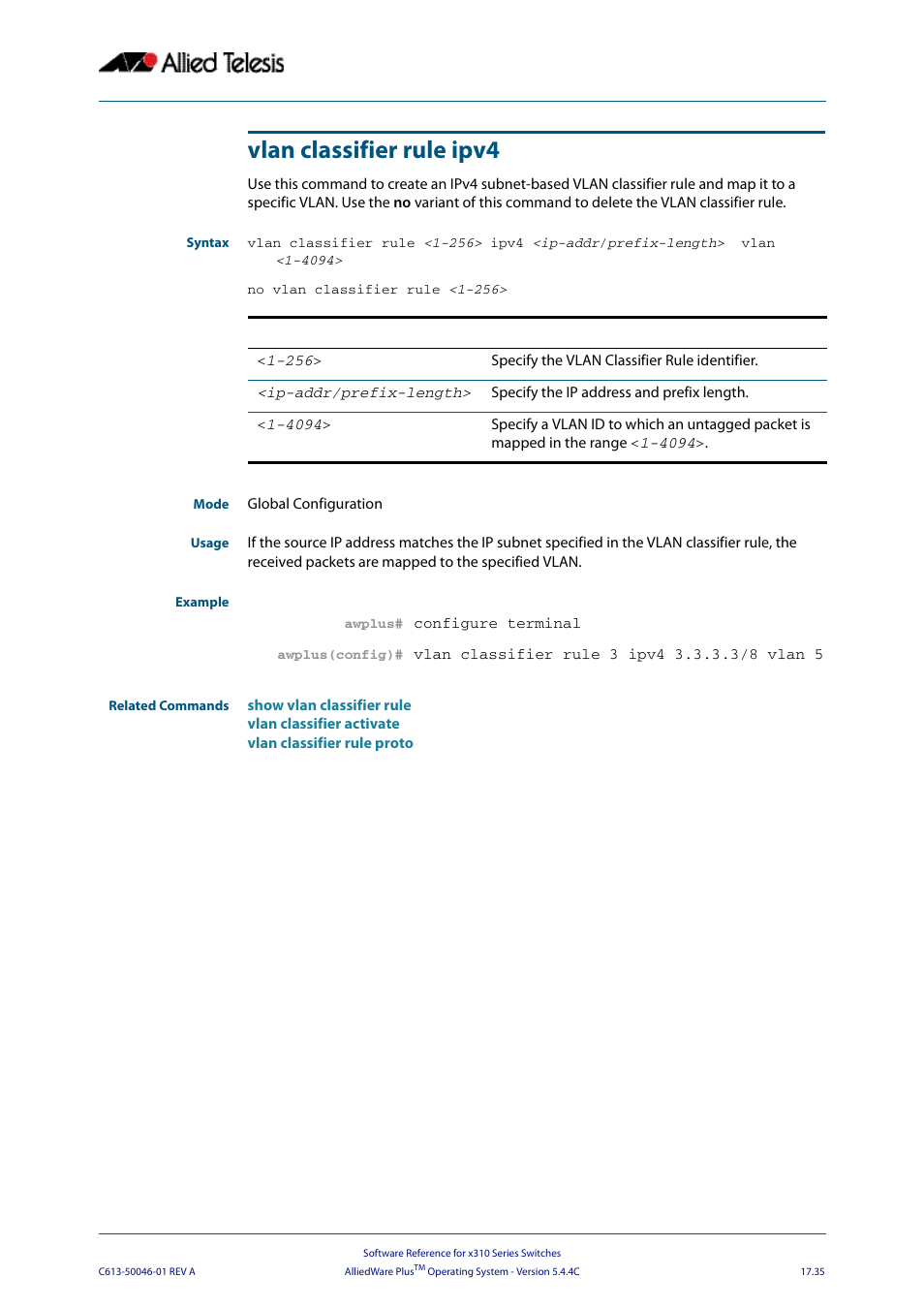 Vlan classifier rule ipv4 | Allied Telesis AlliedWare Plus Operating System Version 5.4.4C (x310-26FT,x310-26FP,x310-50FT,x310-50FP) User Manual | Page 463 / 2220