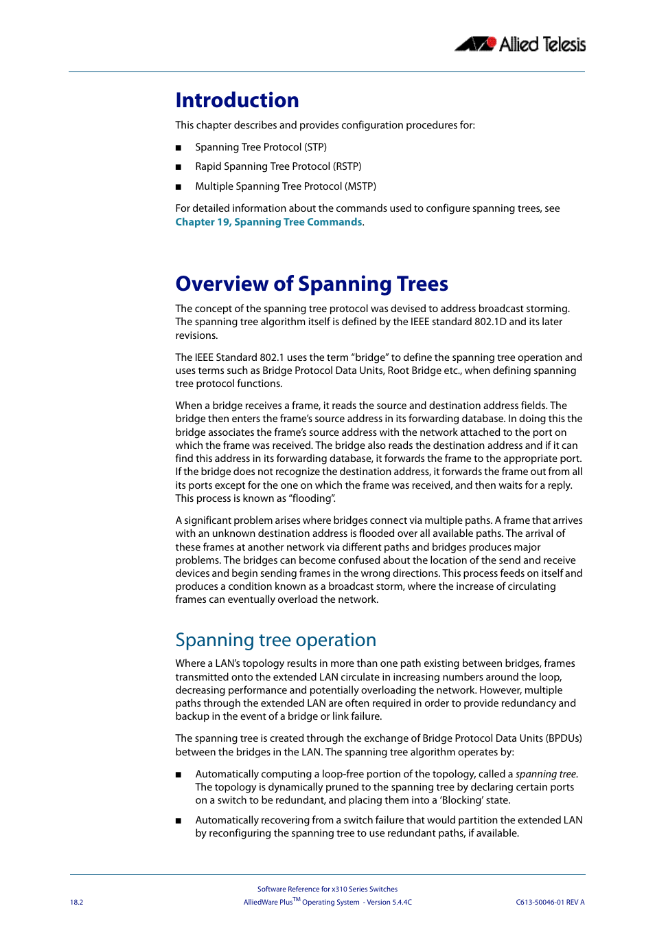 Introduction, Overview of spanning trees, Spanning tree operation | Introduction overview of spanning trees | Allied Telesis AlliedWare Plus Operating System Version 5.4.4C (x310-26FT,x310-26FP,x310-50FT,x310-50FP) User Manual | Page 470 / 2220