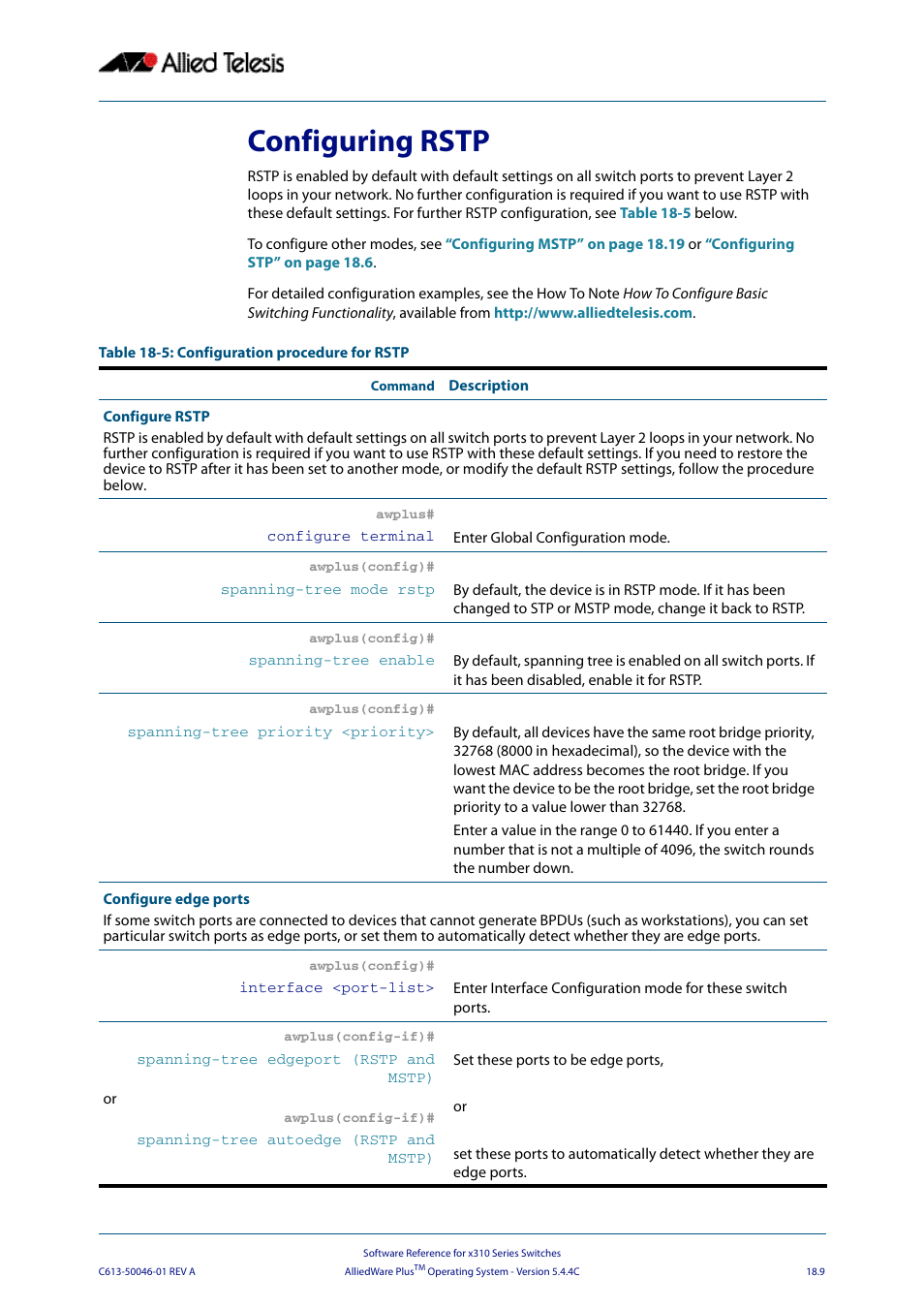 Configuring rstp | Allied Telesis AlliedWare Plus Operating System Version 5.4.4C (x310-26FT,x310-26FP,x310-50FT,x310-50FP) User Manual | Page 477 / 2220