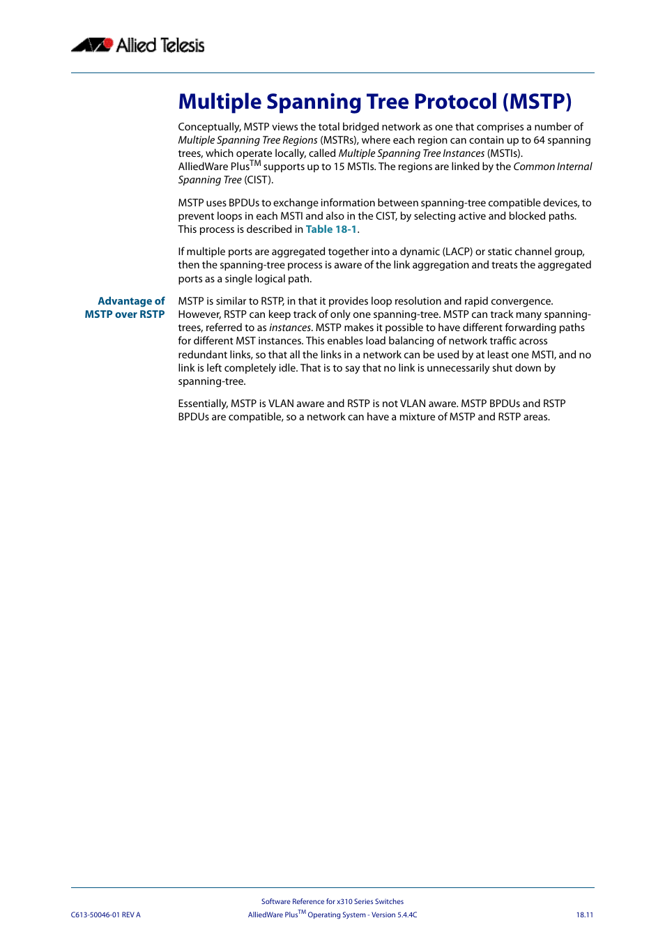 Multiple spanning tree protocol (mstp) | Allied Telesis AlliedWare Plus Operating System Version 5.4.4C (x310-26FT,x310-26FP,x310-50FT,x310-50FP) User Manual | Page 479 / 2220