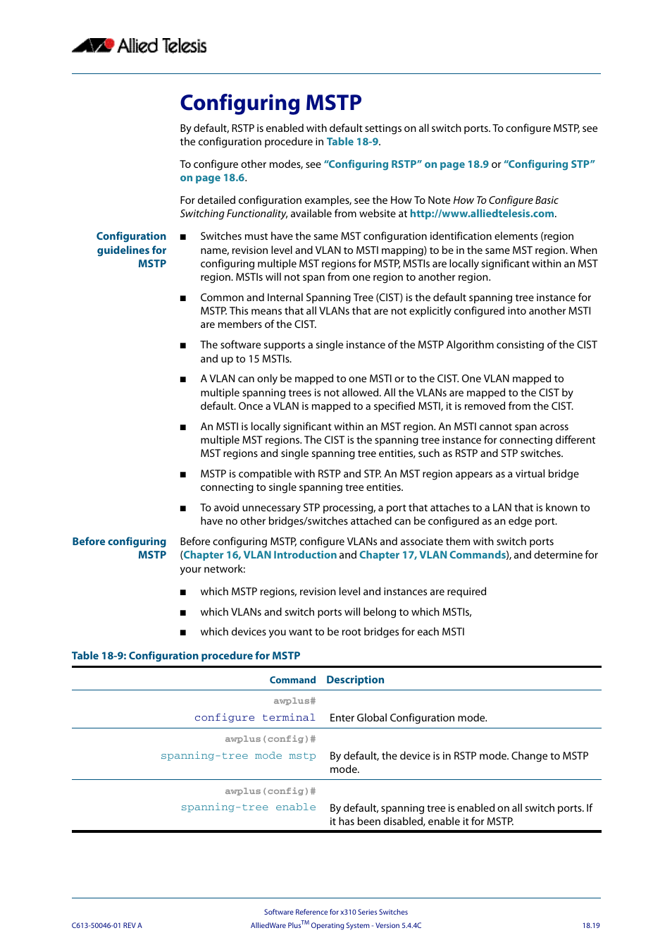 Configuring mstp, Configuring | Allied Telesis AlliedWare Plus Operating System Version 5.4.4C (x310-26FT,x310-26FP,x310-50FT,x310-50FP) User Manual | Page 487 / 2220