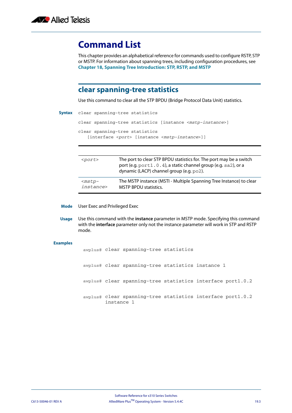 Command list, Clear spanning-tree statistics, Command list clear spanning-tree statistics | Allied Telesis AlliedWare Plus Operating System Version 5.4.4C (x310-26FT,x310-26FP,x310-50FT,x310-50FP) User Manual | Page 493 / 2220