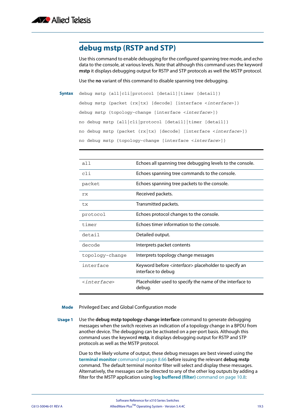 Debug mstp (rstp and stp) | Allied Telesis AlliedWare Plus Operating System Version 5.4.4C (x310-26FT,x310-26FP,x310-50FT,x310-50FP) User Manual | Page 495 / 2220