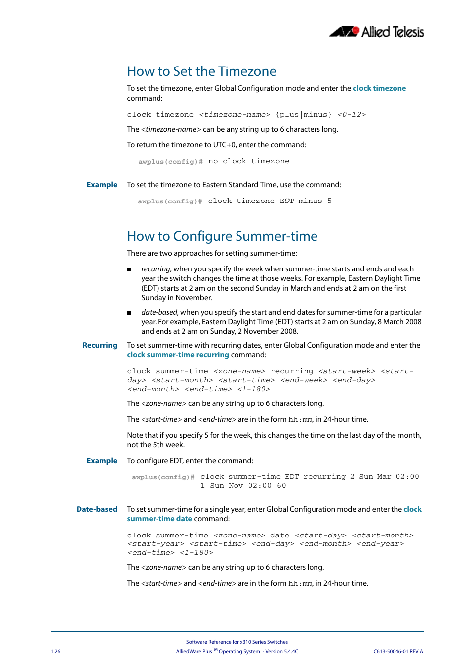 How to set the timezone, How to configure summer-time | Allied Telesis AlliedWare Plus Operating System Version 5.4.4C (x310-26FT,x310-26FP,x310-50FT,x310-50FP) User Manual | Page 50 / 2220