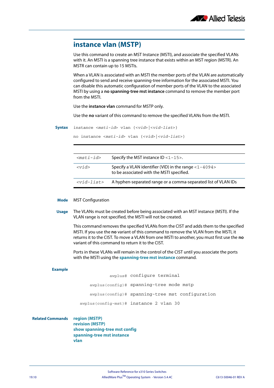 Instance vlan (mstp), Instance <msti-id> vlan {<vid, Vid-list | Allied Telesis AlliedWare Plus Operating System Version 5.4.4C (x310-26FT,x310-26FP,x310-50FT,x310-50FP) User Manual | Page 500 / 2220