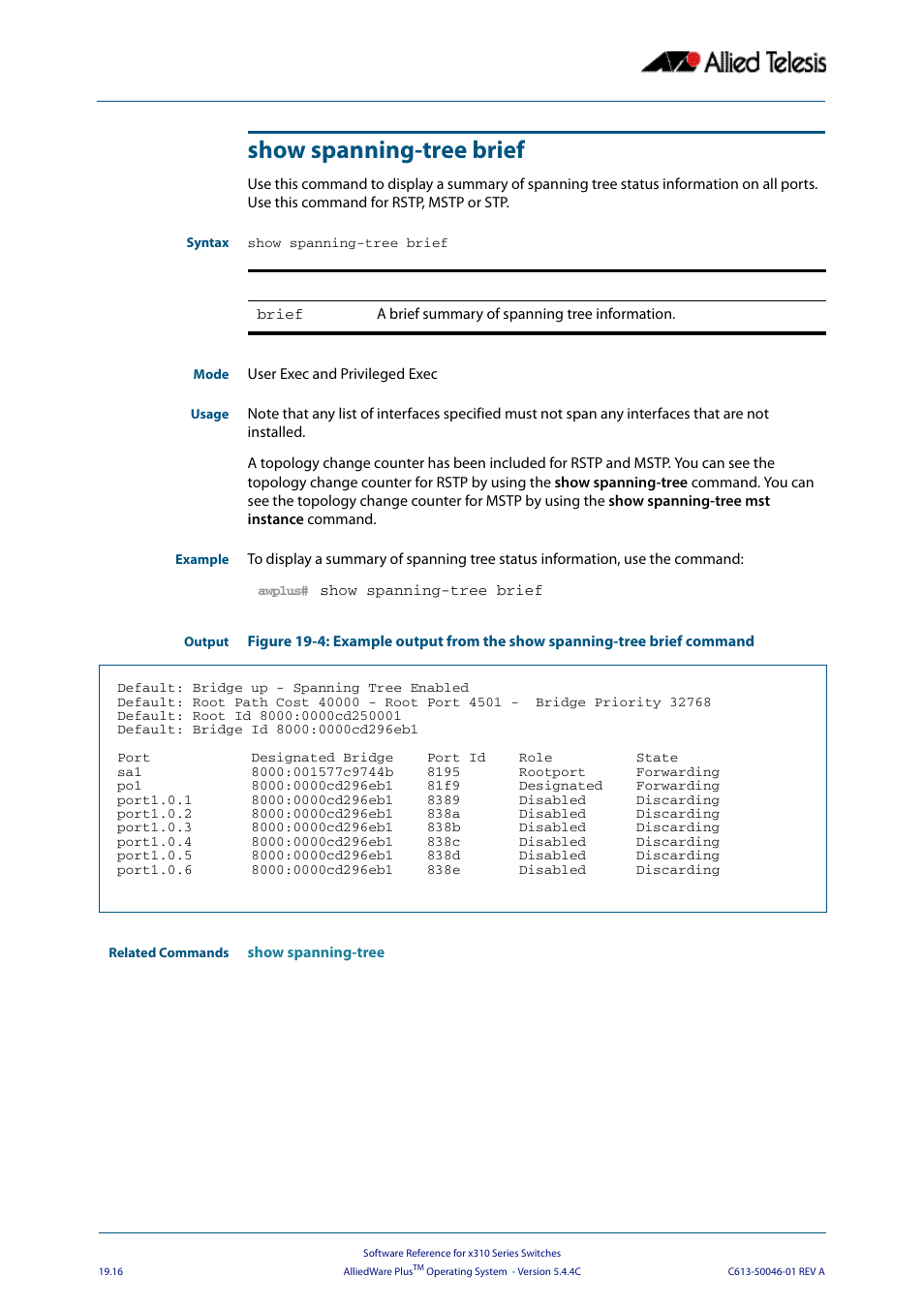 Show spanning-tree brief | Allied Telesis AlliedWare Plus Operating System Version 5.4.4C (x310-26FT,x310-26FP,x310-50FT,x310-50FP) User Manual | Page 506 / 2220