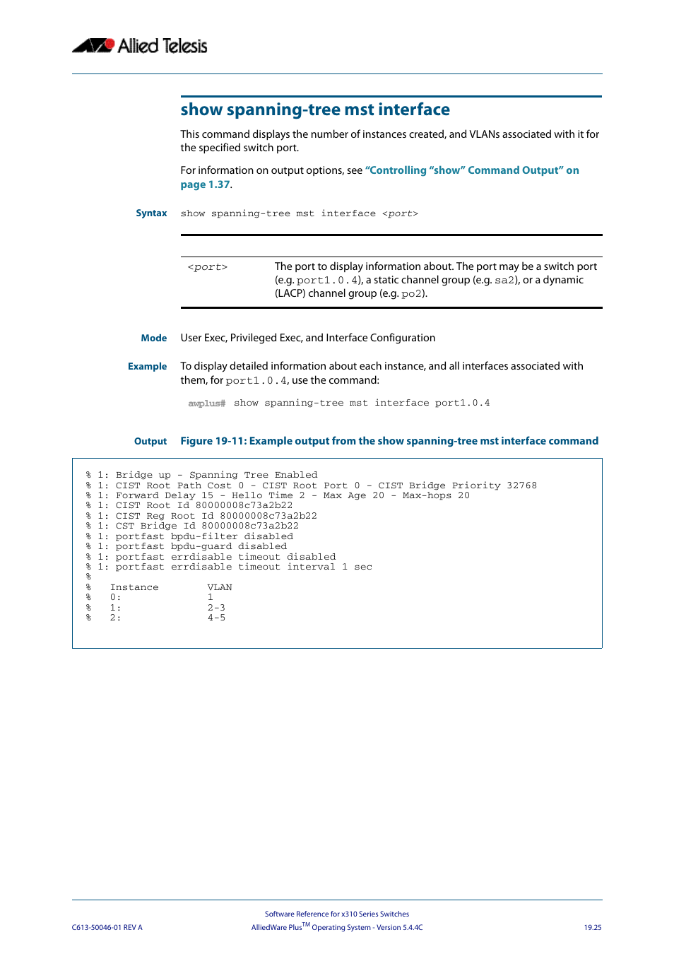 Show spanning-tree mst interface, Port | Allied Telesis AlliedWare Plus Operating System Version 5.4.4C (x310-26FT,x310-26FP,x310-50FT,x310-50FP) User Manual | Page 515 / 2220