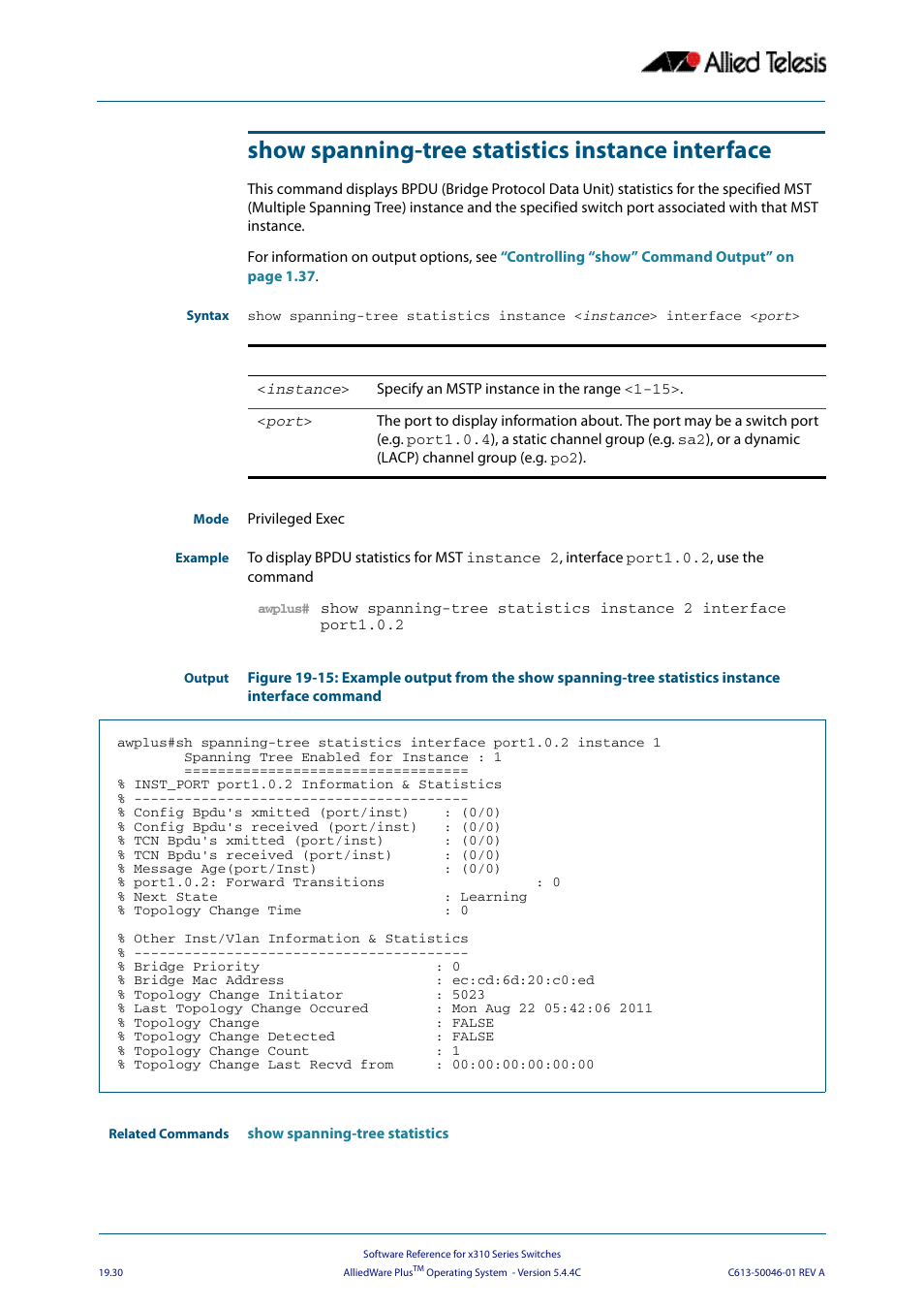 Show spanning-tree statistics instance interface | Allied Telesis AlliedWare Plus Operating System Version 5.4.4C (x310-26FT,x310-26FP,x310-50FT,x310-50FP) User Manual | Page 520 / 2220