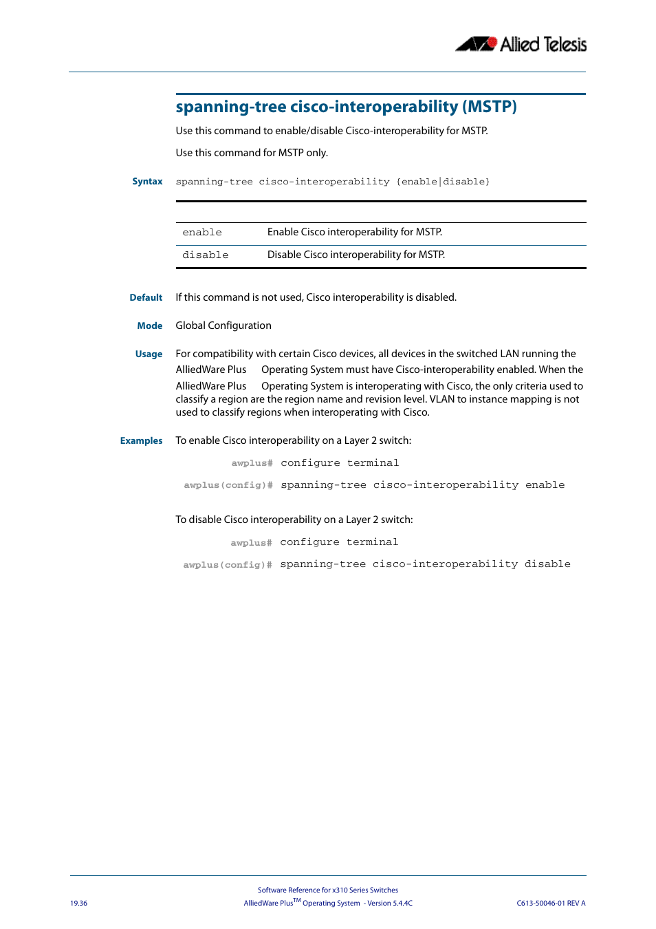 Spanning-tree cisco-interoperability (mstp) | Allied Telesis AlliedWare Plus Operating System Version 5.4.4C (x310-26FT,x310-26FP,x310-50FT,x310-50FP) User Manual | Page 526 / 2220