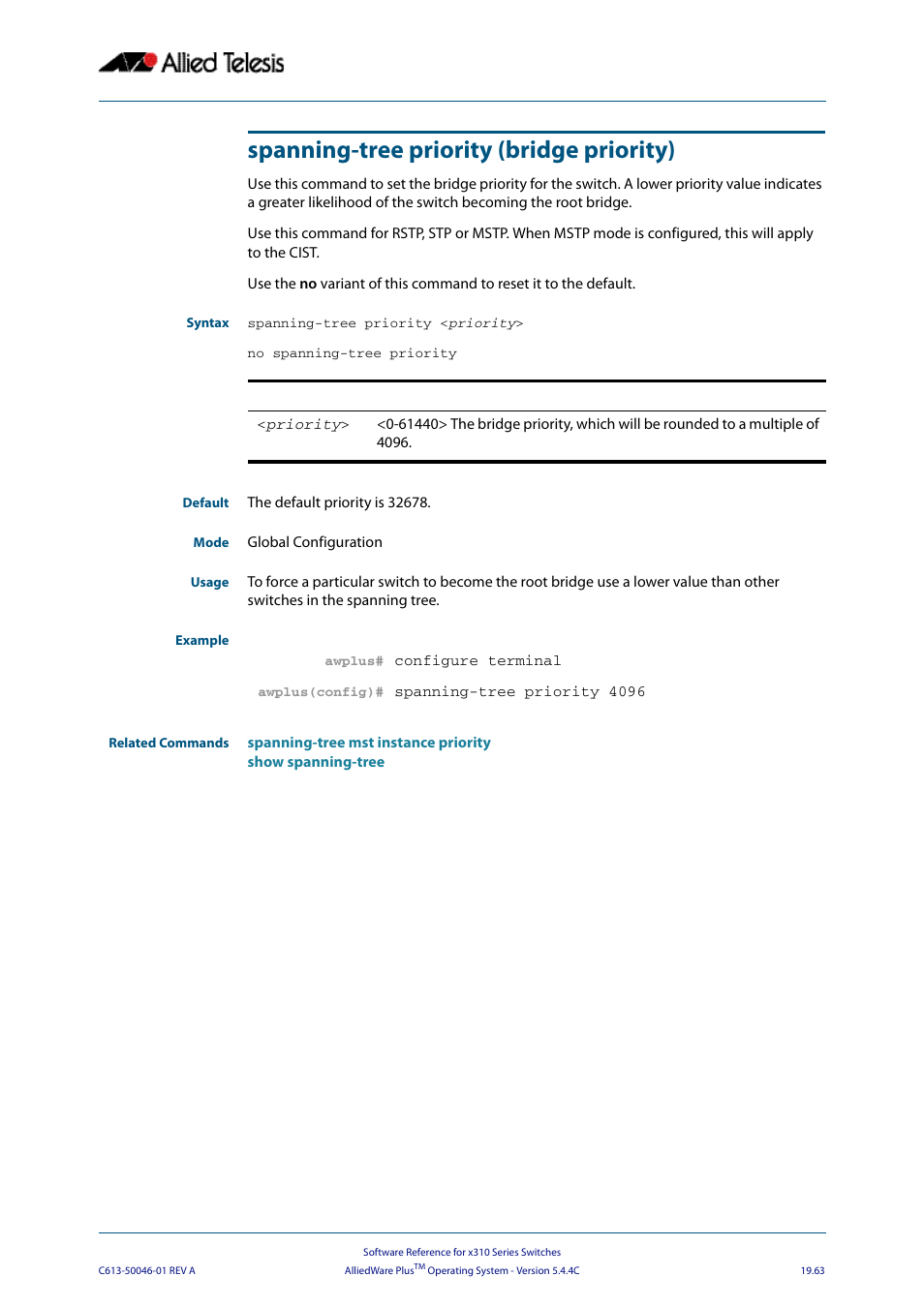 Spanning-tree priority (bridge priority), Spanning-tree priority <priority | Allied Telesis AlliedWare Plus Operating System Version 5.4.4C (x310-26FT,x310-26FP,x310-50FT,x310-50FP) User Manual | Page 553 / 2220