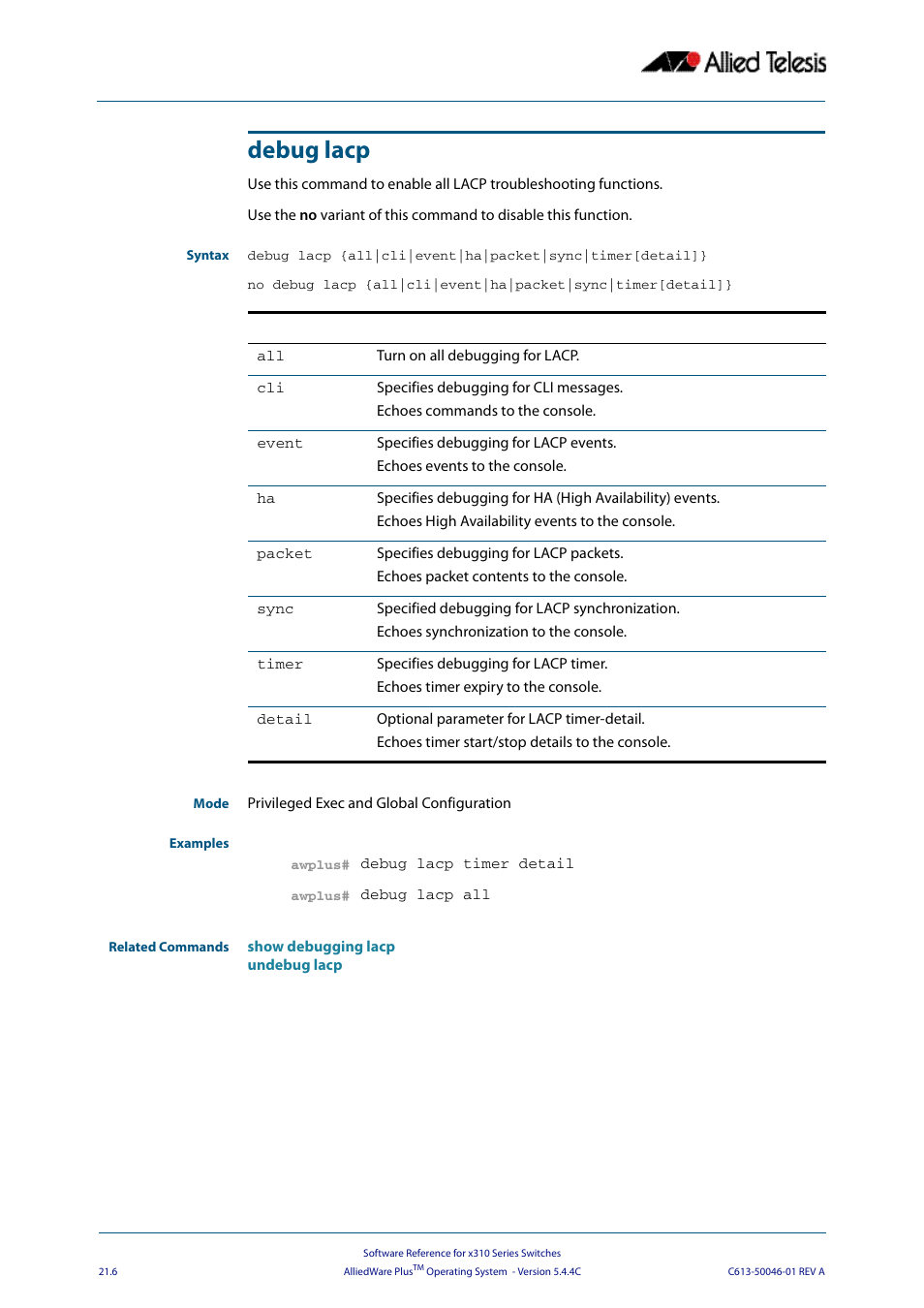 Debug lacp | Allied Telesis AlliedWare Plus Operating System Version 5.4.4C (x310-26FT,x310-26FP,x310-50FT,x310-50FP) User Manual | Page 572 / 2220