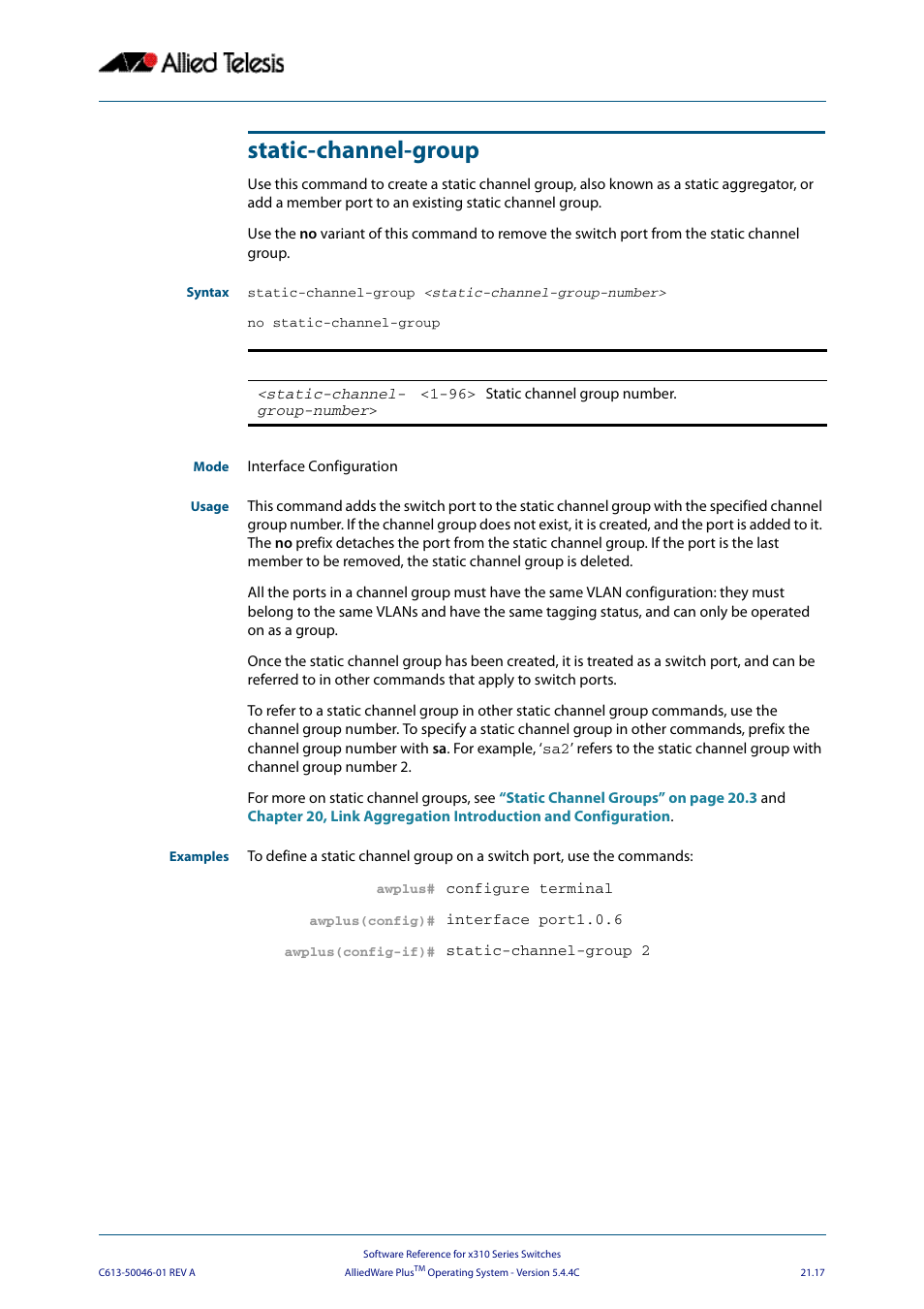 Static-channel-group | Allied Telesis AlliedWare Plus Operating System Version 5.4.4C (x310-26FT,x310-26FP,x310-50FT,x310-50FP) User Manual | Page 583 / 2220