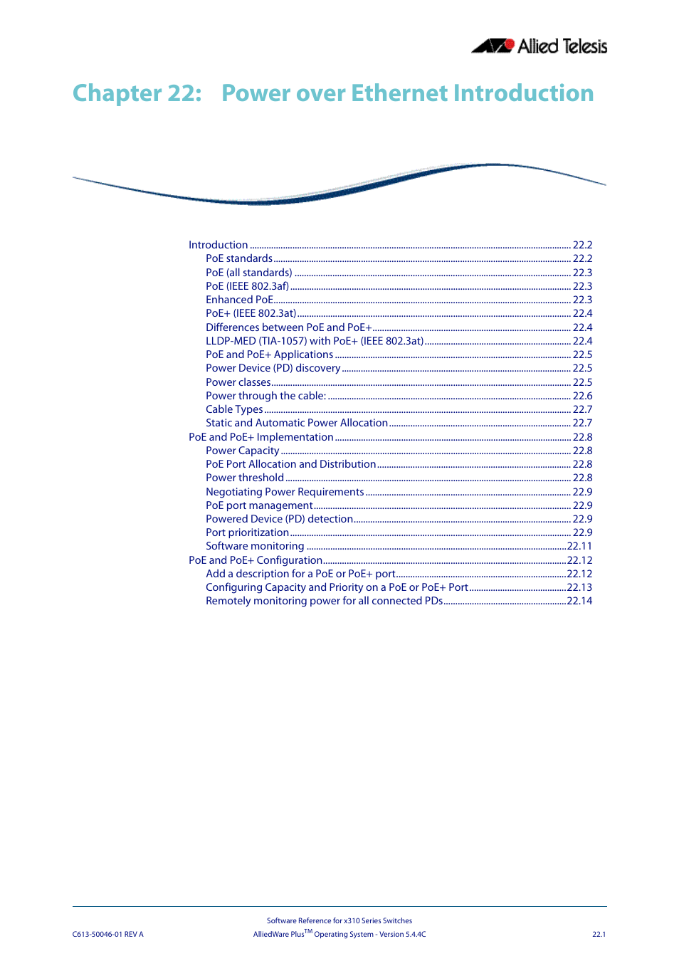 Chapter 22: power over ethernet introduction, Chapter 22, Power over ethernet introduction | Chapter 22, power over ethernet introduction, Chapter 22 power over ethernet introduction | Allied Telesis AlliedWare Plus Operating System Version 5.4.4C (x310-26FT,x310-26FP,x310-50FT,x310-50FP) User Manual | Page 585 / 2220