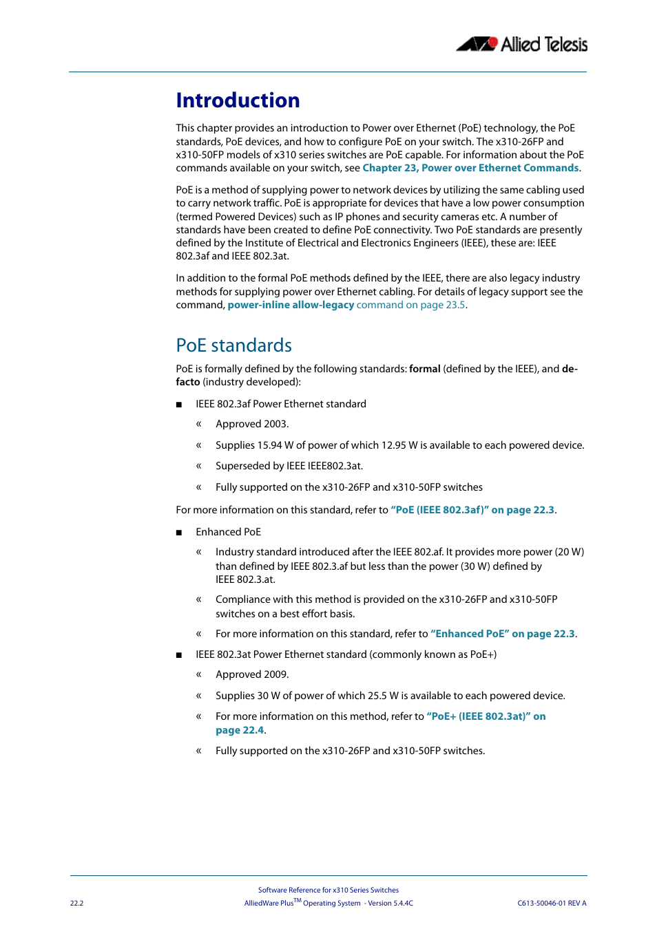 Introduction, Poe standards | Allied Telesis AlliedWare Plus Operating System Version 5.4.4C (x310-26FT,x310-26FP,x310-50FT,x310-50FP) User Manual | Page 586 / 2220