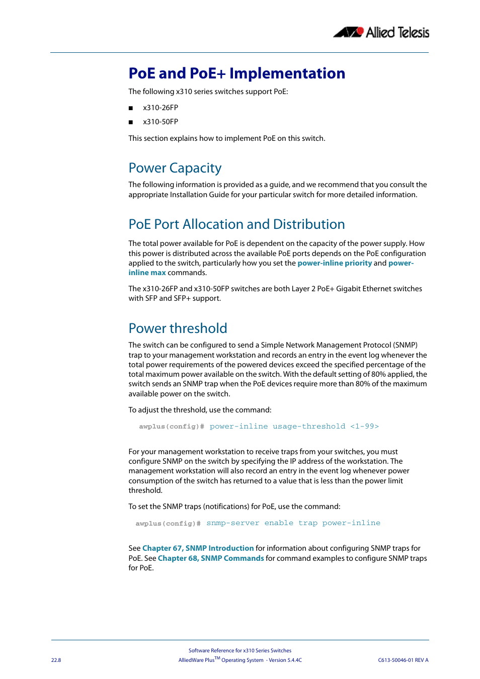 Poe and poe+ implementation, Power capacity, Poe port allocation and distribution | Power threshold | Allied Telesis AlliedWare Plus Operating System Version 5.4.4C (x310-26FT,x310-26FP,x310-50FT,x310-50FP) User Manual | Page 592 / 2220