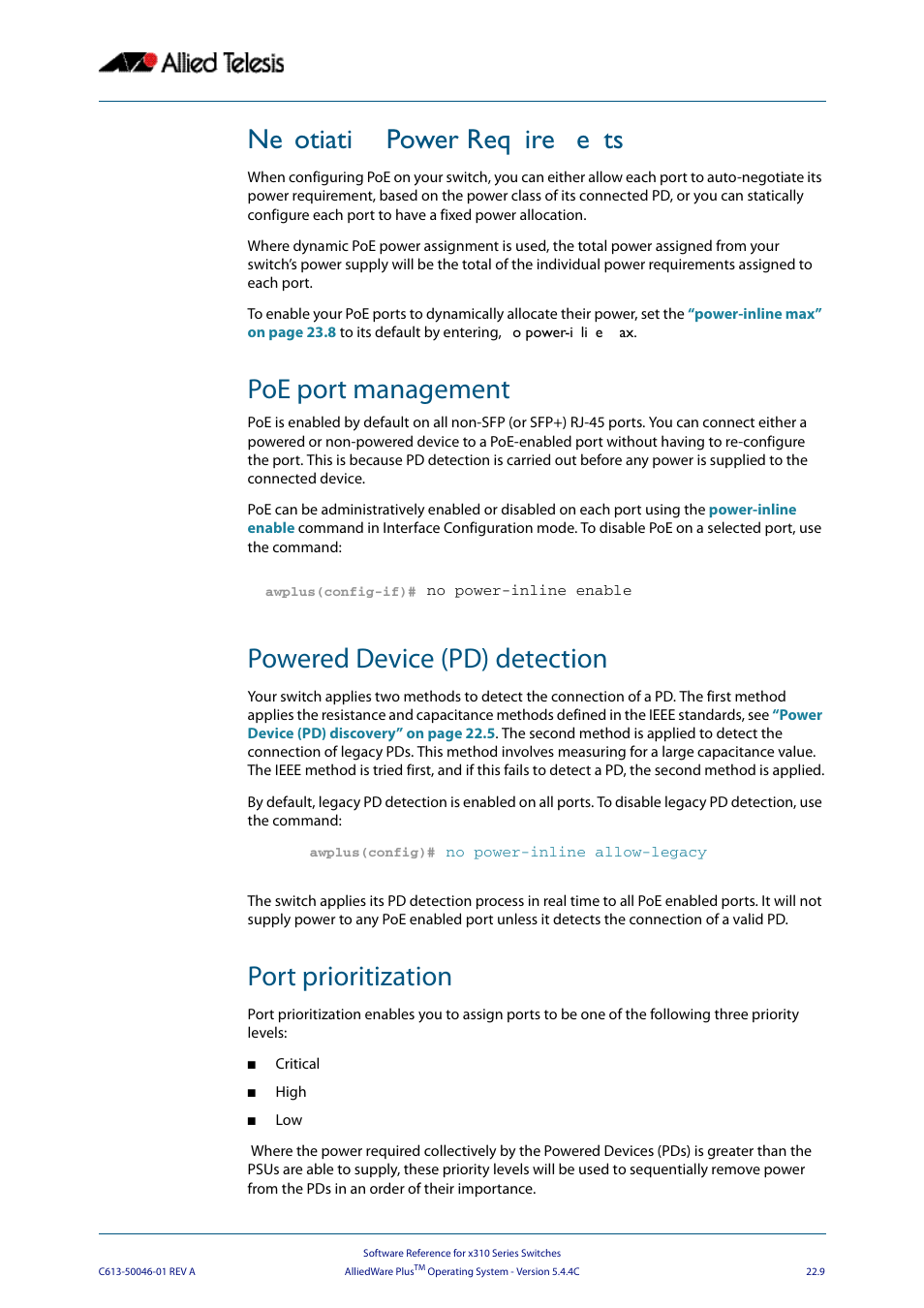 Negotiating power requirements, Poe port management, Powered device (pd) detection | Port prioritization | Allied Telesis AlliedWare Plus Operating System Version 5.4.4C (x310-26FT,x310-26FP,x310-50FT,x310-50FP) User Manual | Page 593 / 2220