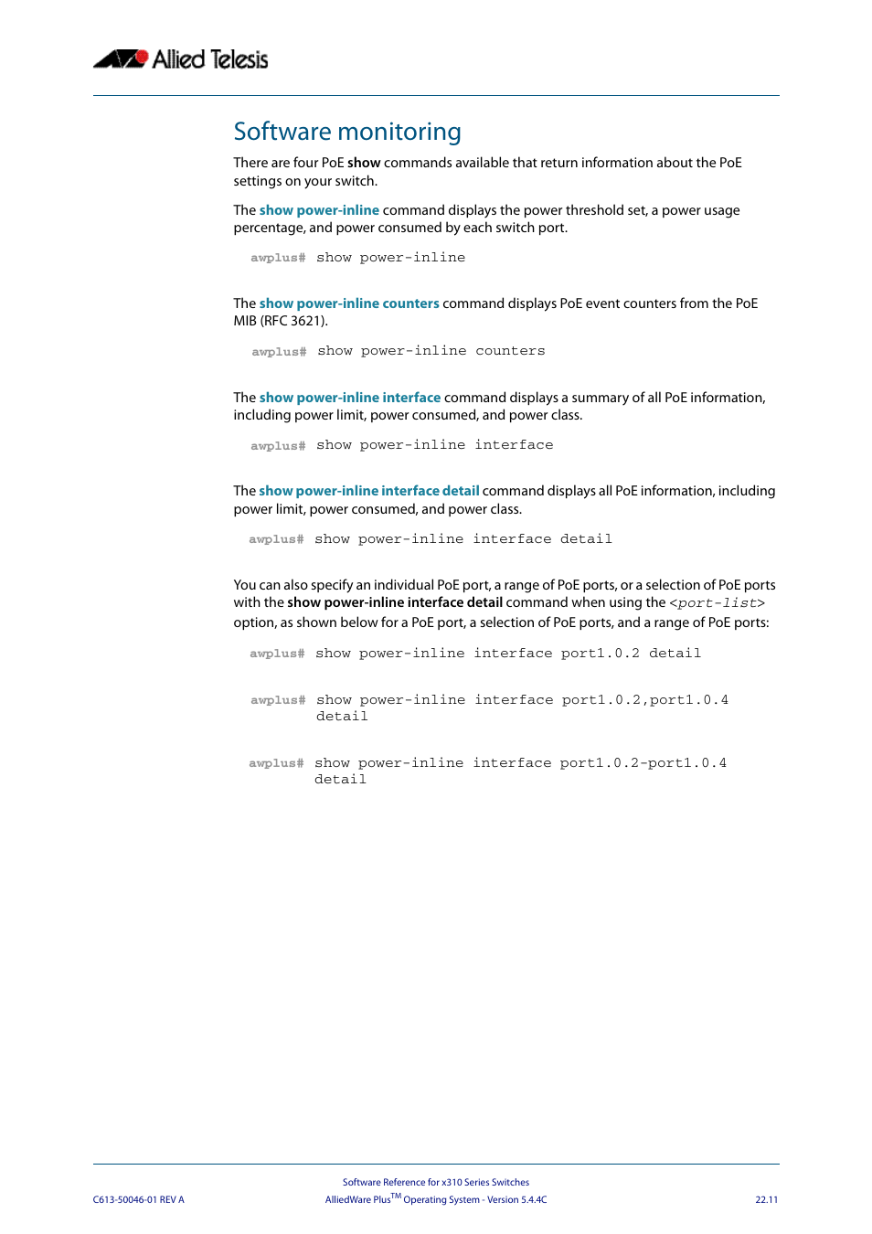 Software monitoring | Allied Telesis AlliedWare Plus Operating System Version 5.4.4C (x310-26FT,x310-26FP,x310-50FT,x310-50FP) User Manual | Page 595 / 2220