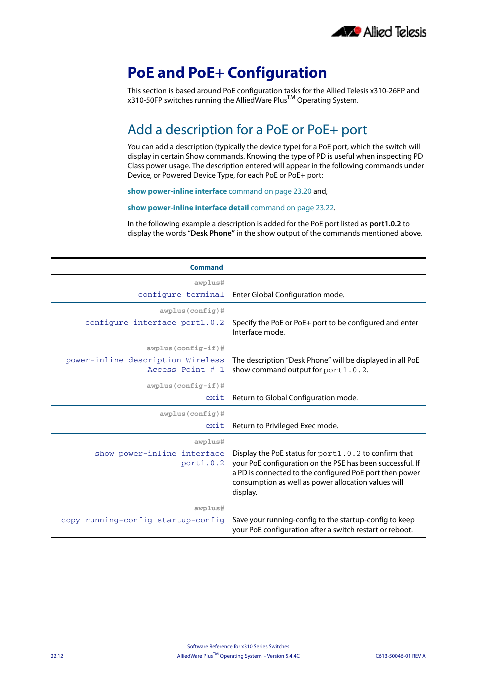 Poe and poe+ configuration, Add a description for a poe or poe+ port | Allied Telesis AlliedWare Plus Operating System Version 5.4.4C (x310-26FT,x310-26FP,x310-50FT,x310-50FP) User Manual | Page 596 / 2220