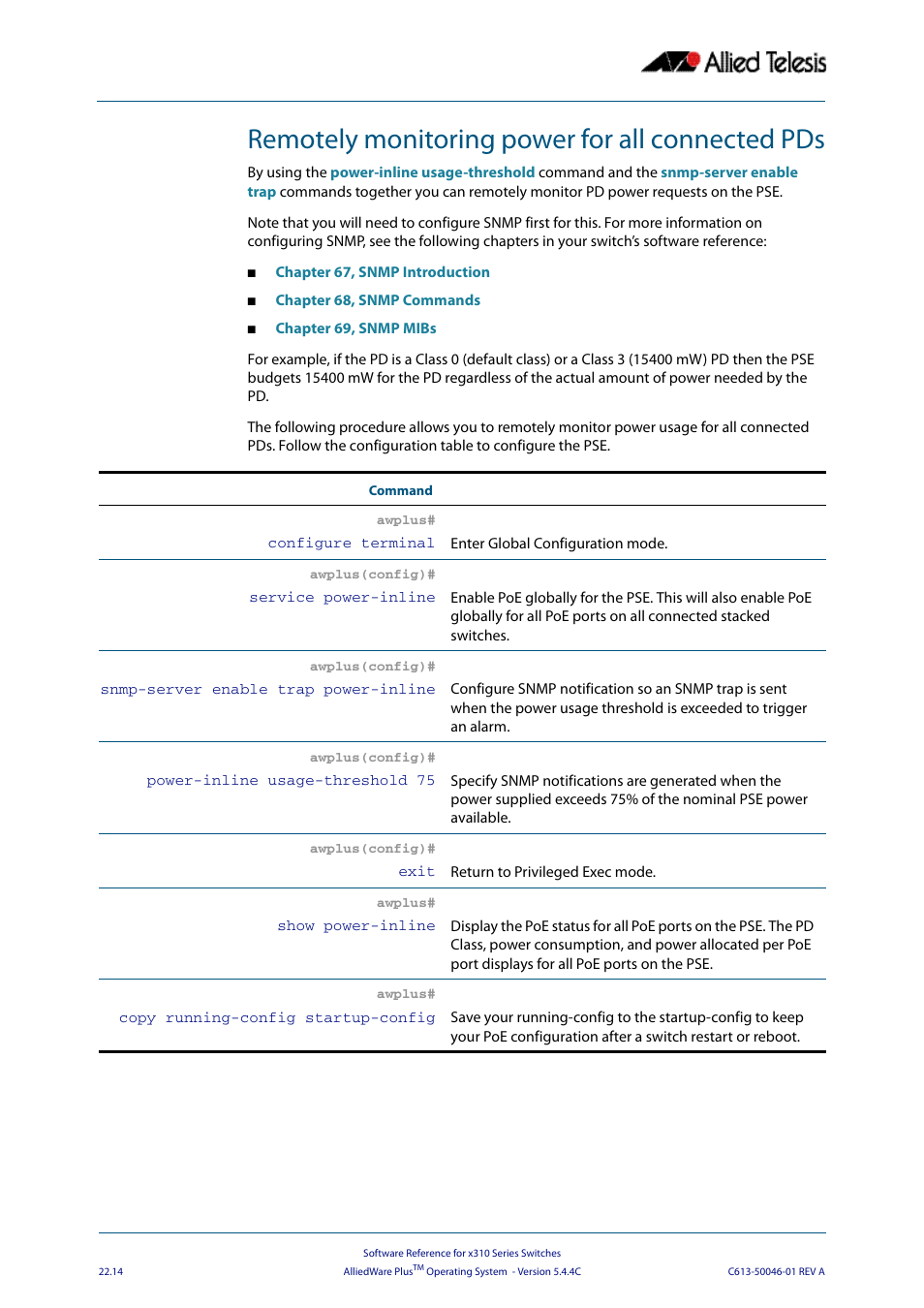 Remotely monitoring power for all connected pds | Allied Telesis AlliedWare Plus Operating System Version 5.4.4C (x310-26FT,x310-26FP,x310-50FT,x310-50FP) User Manual | Page 598 / 2220