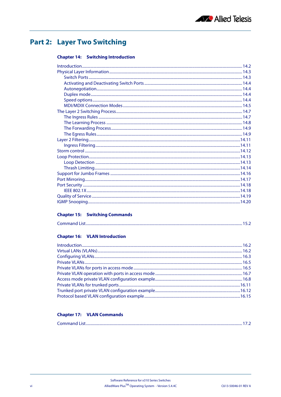Part 2: layer two switching | Allied Telesis AlliedWare Plus Operating System Version 5.4.4C (x310-26FT,x310-26FP,x310-50FT,x310-50FP) User Manual | Page 6 / 2220